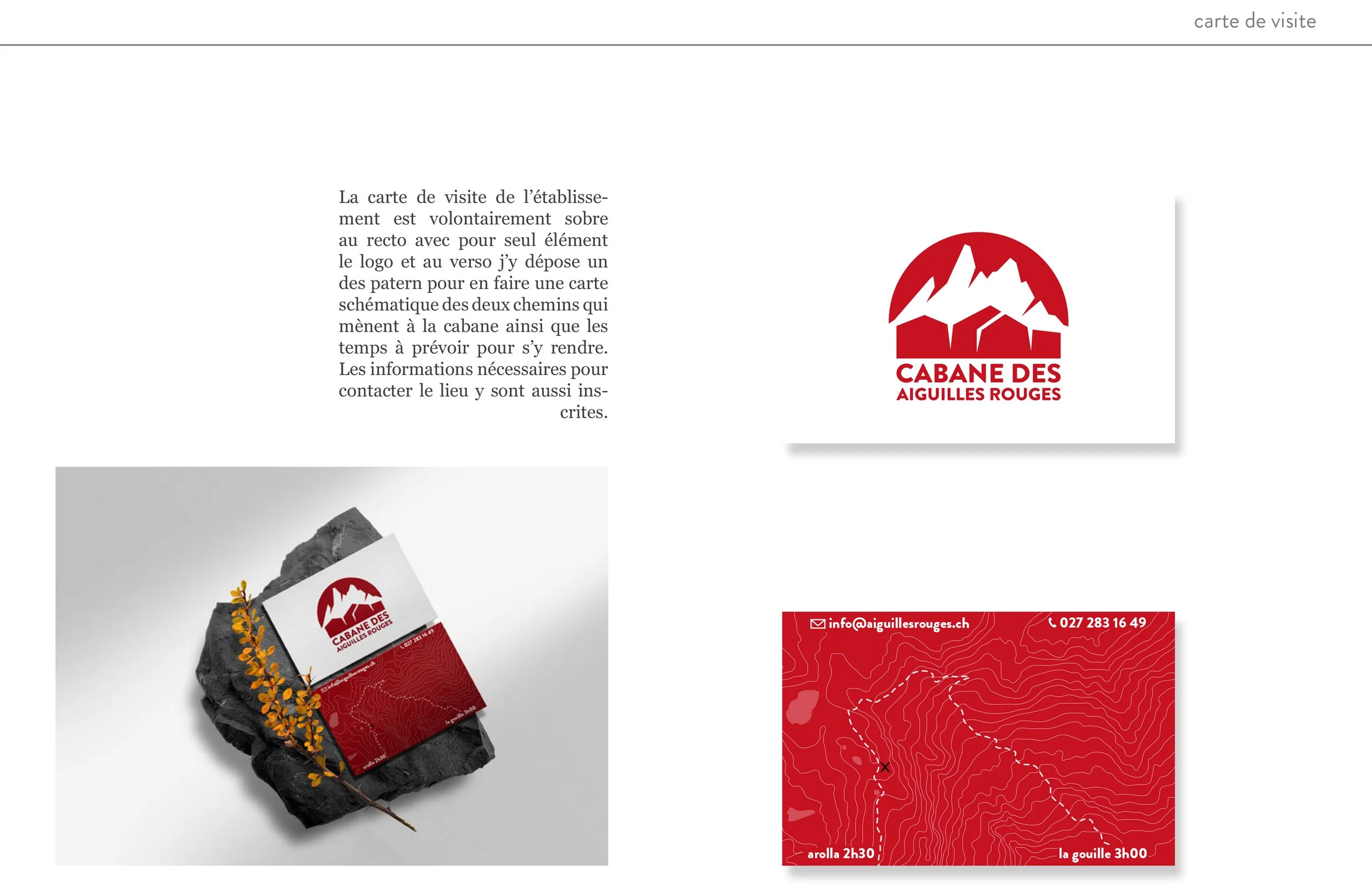 Carte de visite pour Cabane des Aiguilles Rouges, avec logo montagne rouge et texte en français, comprenant une photo de carte posée sur une pierre avec une branche d'automne, et une carte avec un fond topographique rouge et contact email et téléphone.