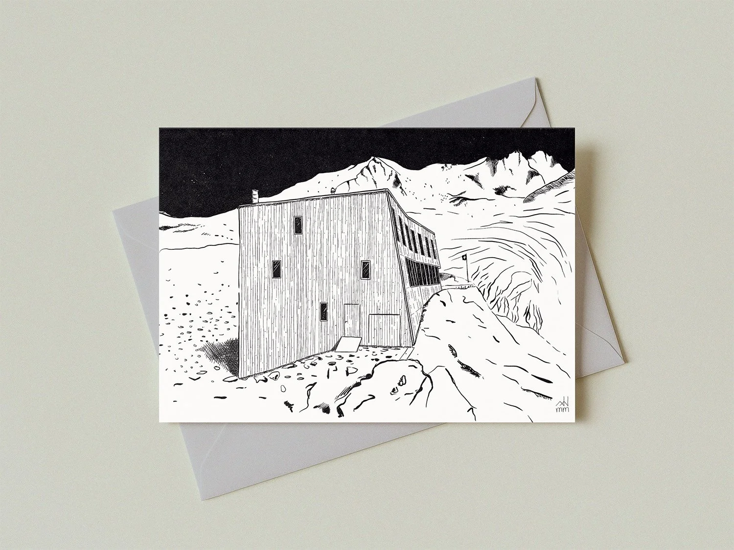 Carte postale illustrée de la Cabane de Tracuit, dessin au trait d'un refuge de montagne valaisan par Manon Maître