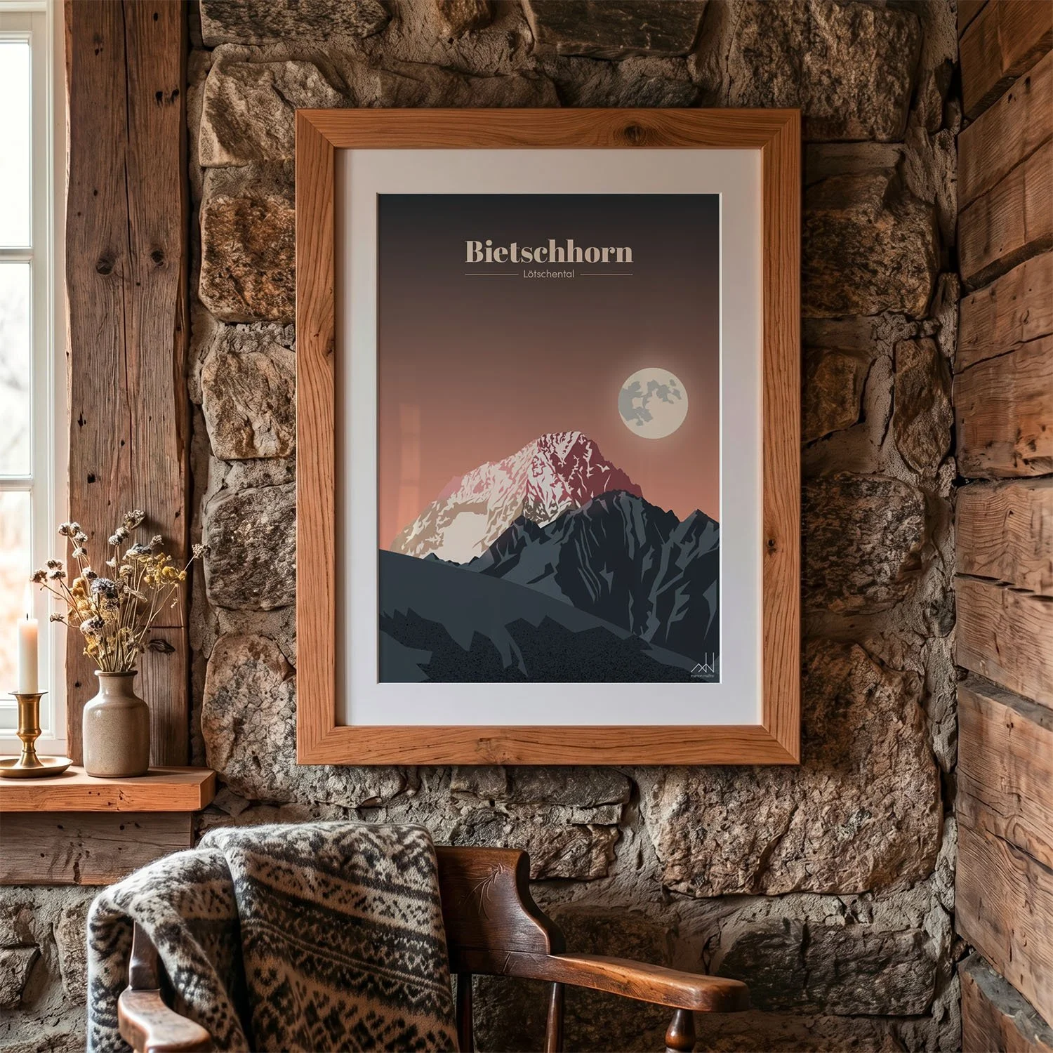 Tirage encadré du Bietschhorn accroché mur en pierre, affiche montagne du Valais