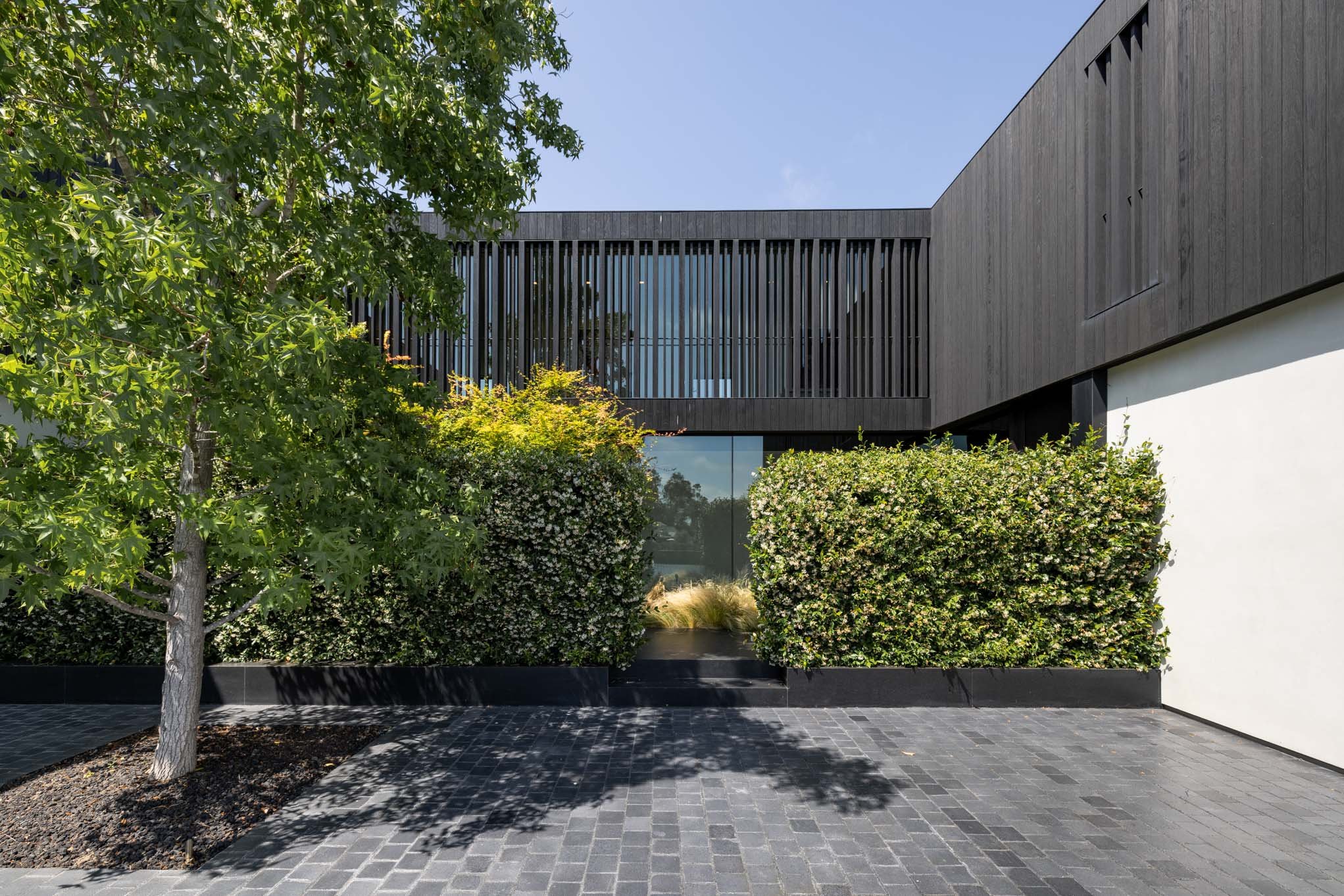 Modern building with dark wooden siding and large glass windows, surrounded by neatly trimmed bushes and a tree, on a paved courtyard.