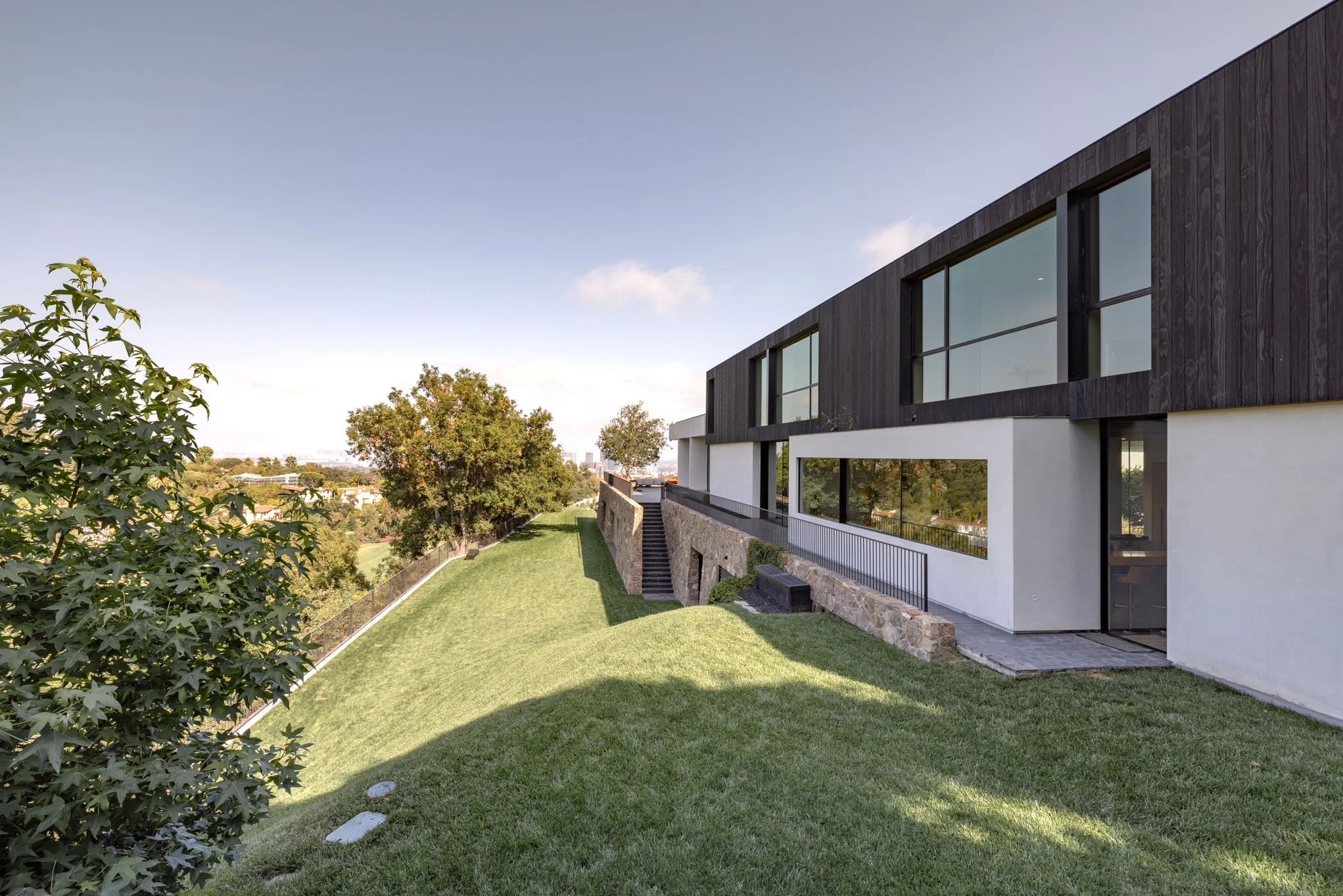 Modern two-story house with large windows, dark wood and white exterior, landscaped yard with green grass, steps leading to a lower level, and trees in the background under a clear sky.