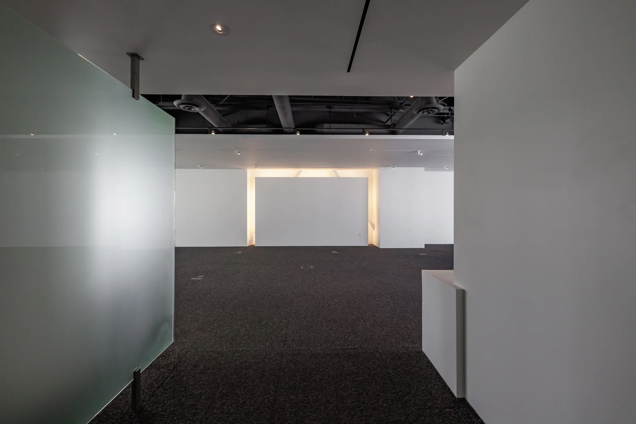 Empty modern interior space with white walls, dark carpet, and black ceiling with exposed ducts, illuminated by recessed lighting.