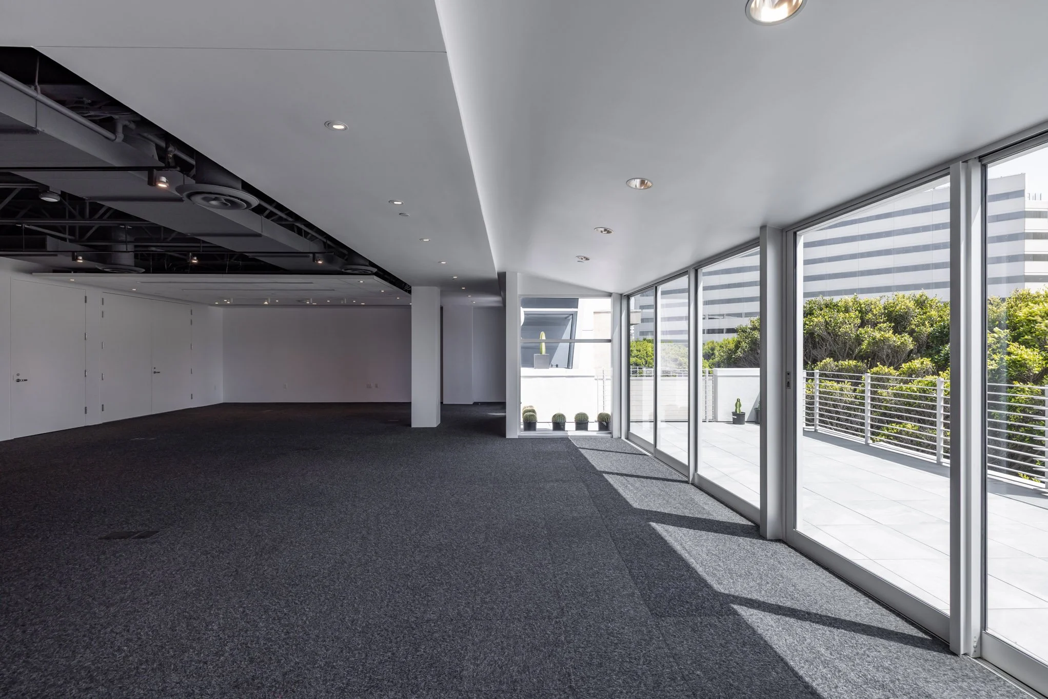 Empty indoor space with dark carpeted floor, white walls, ceiling lights, and large floor-to-ceiling windows with a view of outdoor patio and greenery.