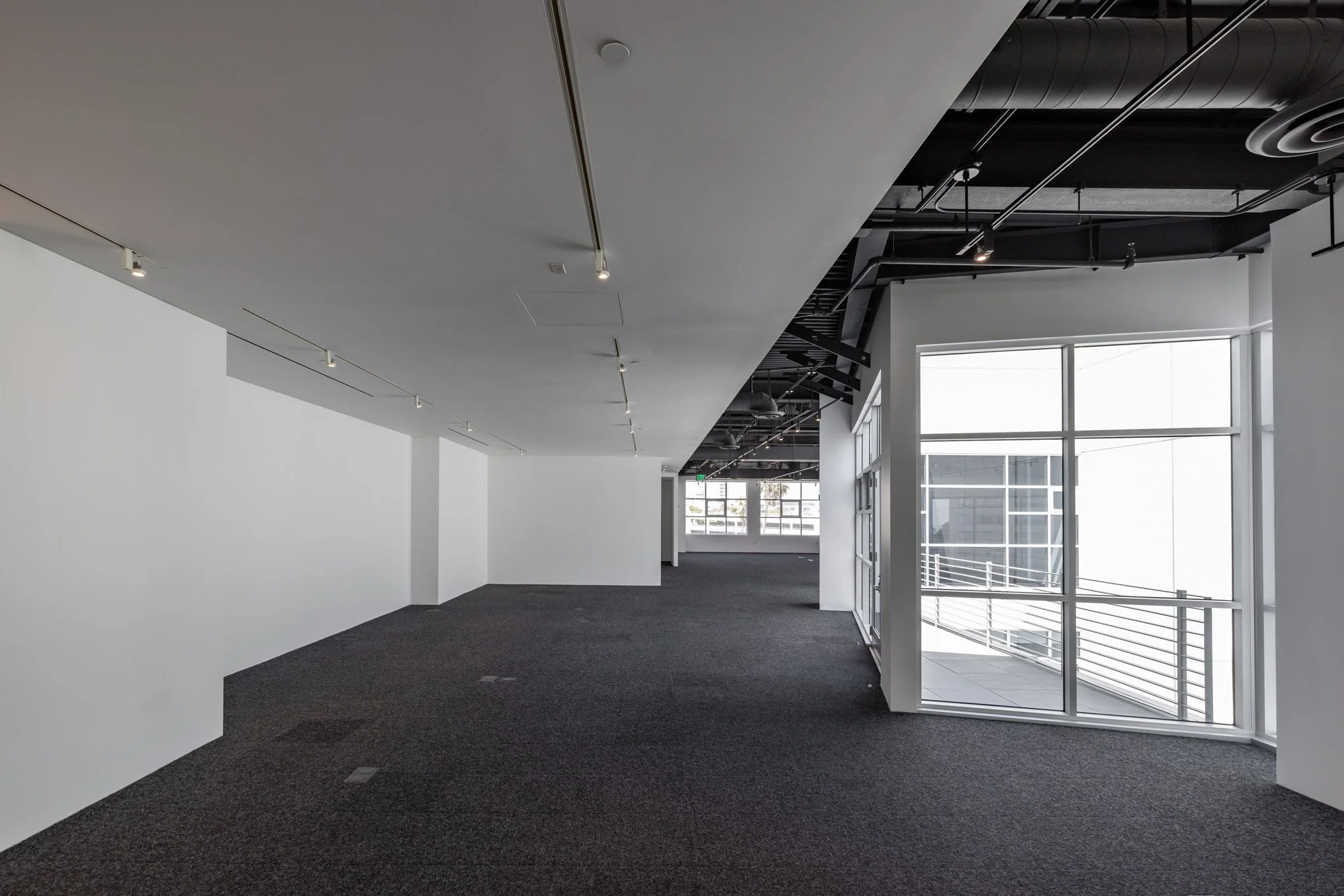 Empty office space with white walls, black carpet, and large windows letting in natural light.