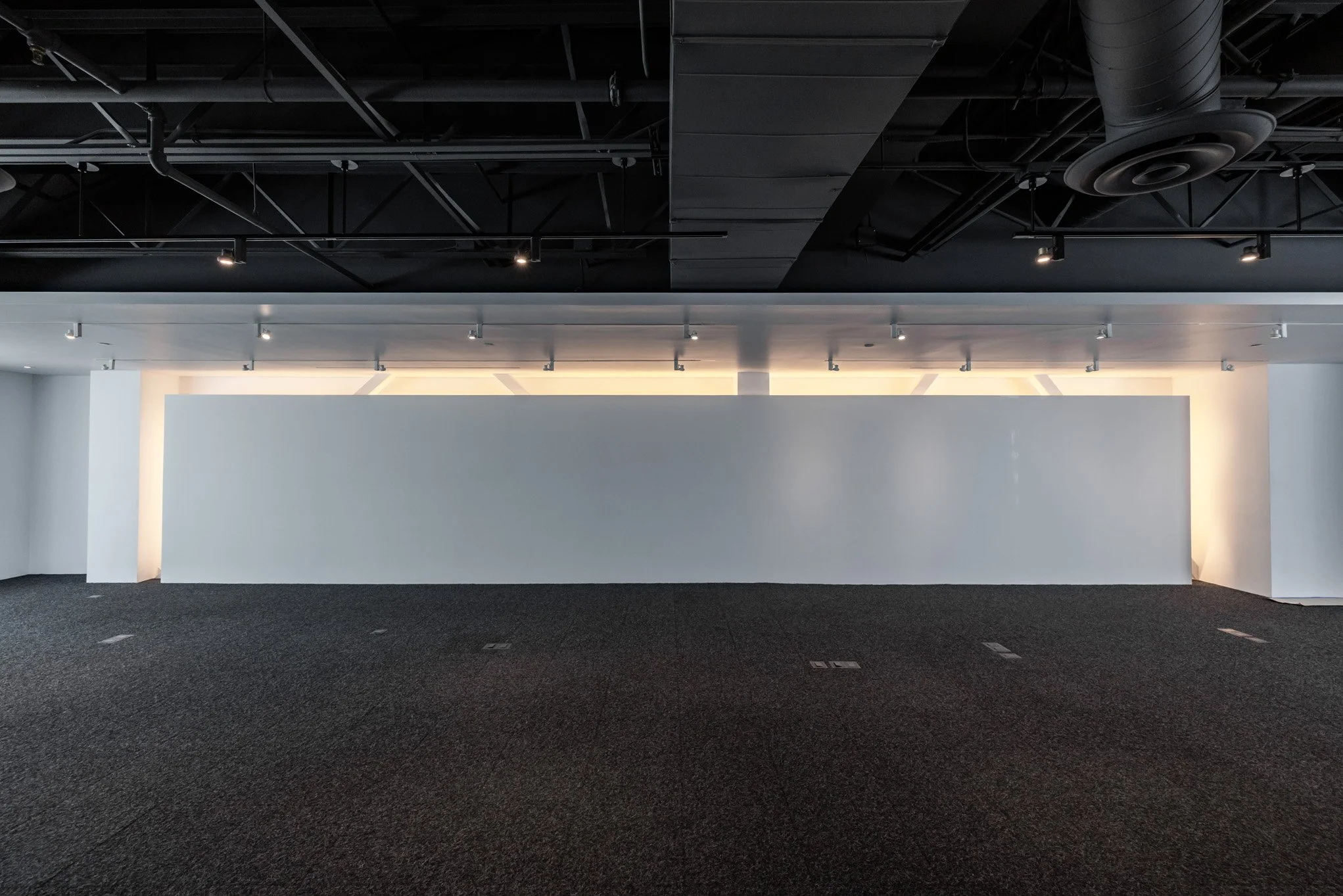 Empty interior space with a large white wall, black ceiling with exposed ductwork, and dark carpeted floor.