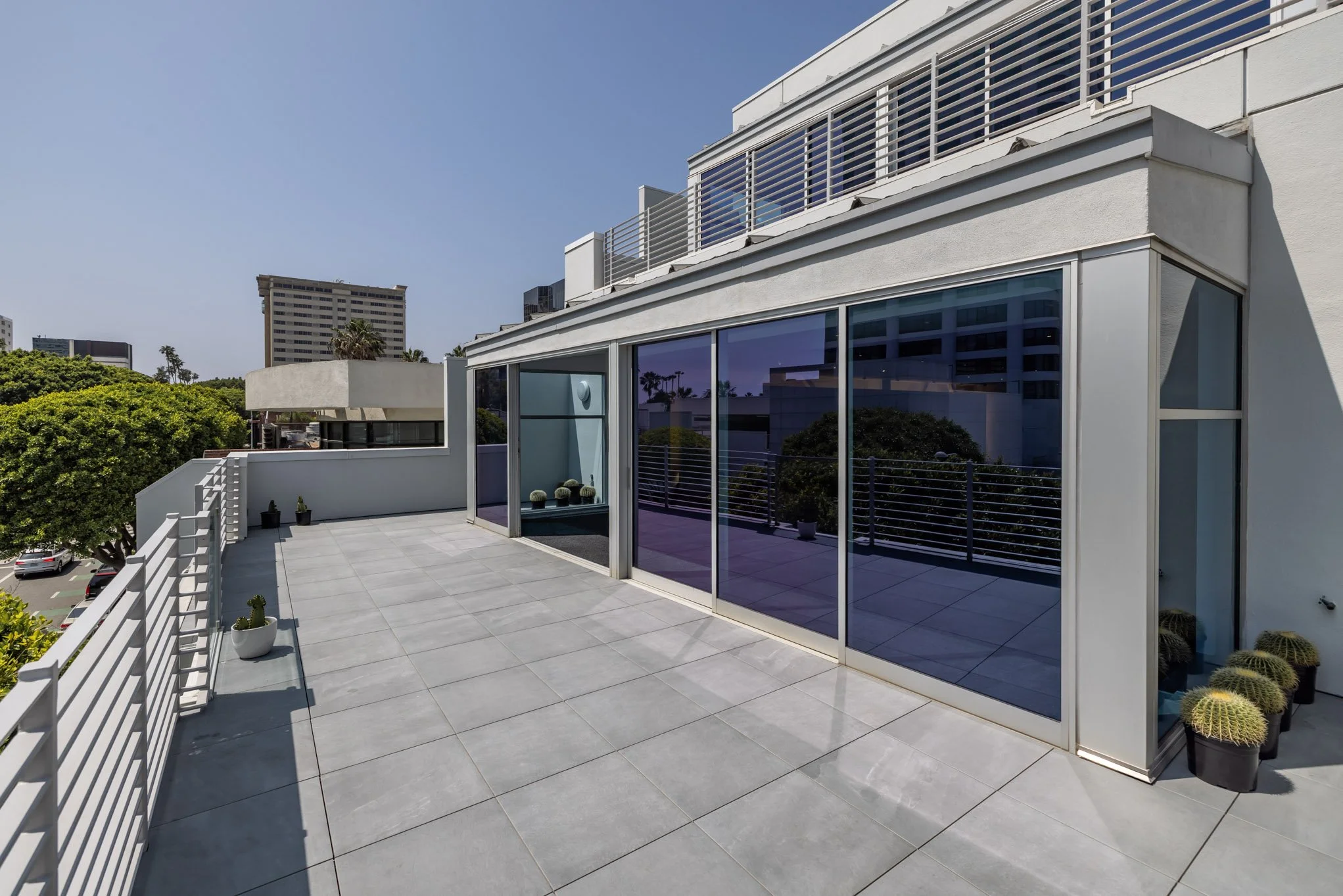 Modern rooftop terrace with large glass sliding doors, potted cacti, and cityscape views, on a sunny day.