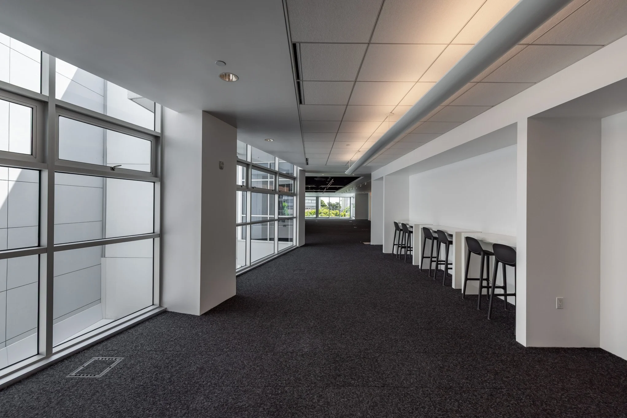 Empty modern interior hallway with large windows, white walls, black bar stools, and a black carpet.