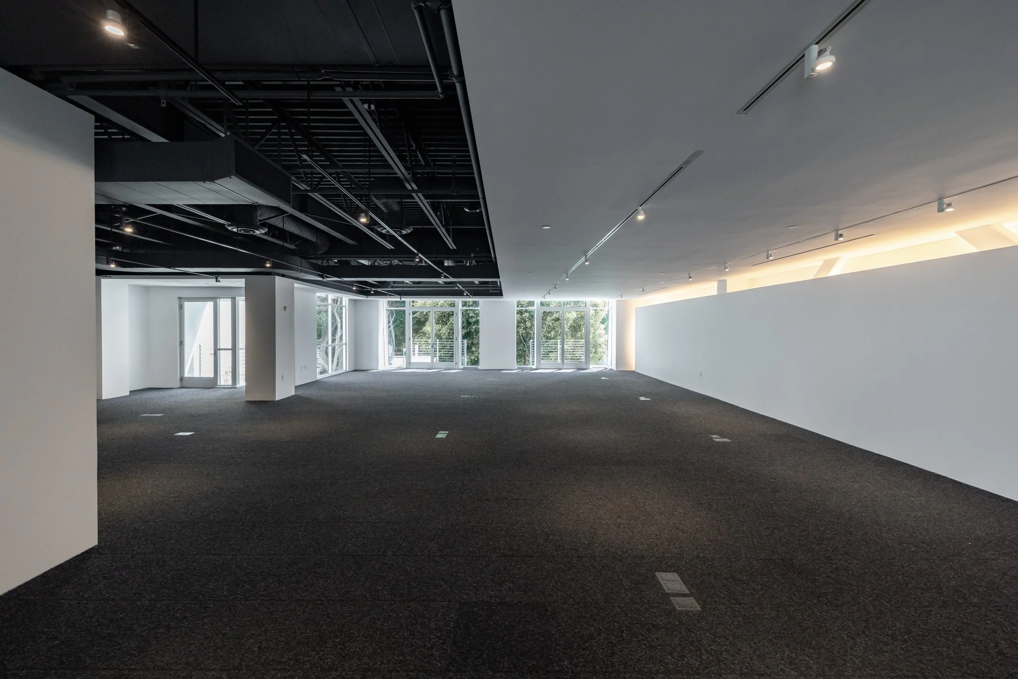 Empty office space with large windows, dark carpet, white walls, and an exposed black ceiling with lighting fixtures.
