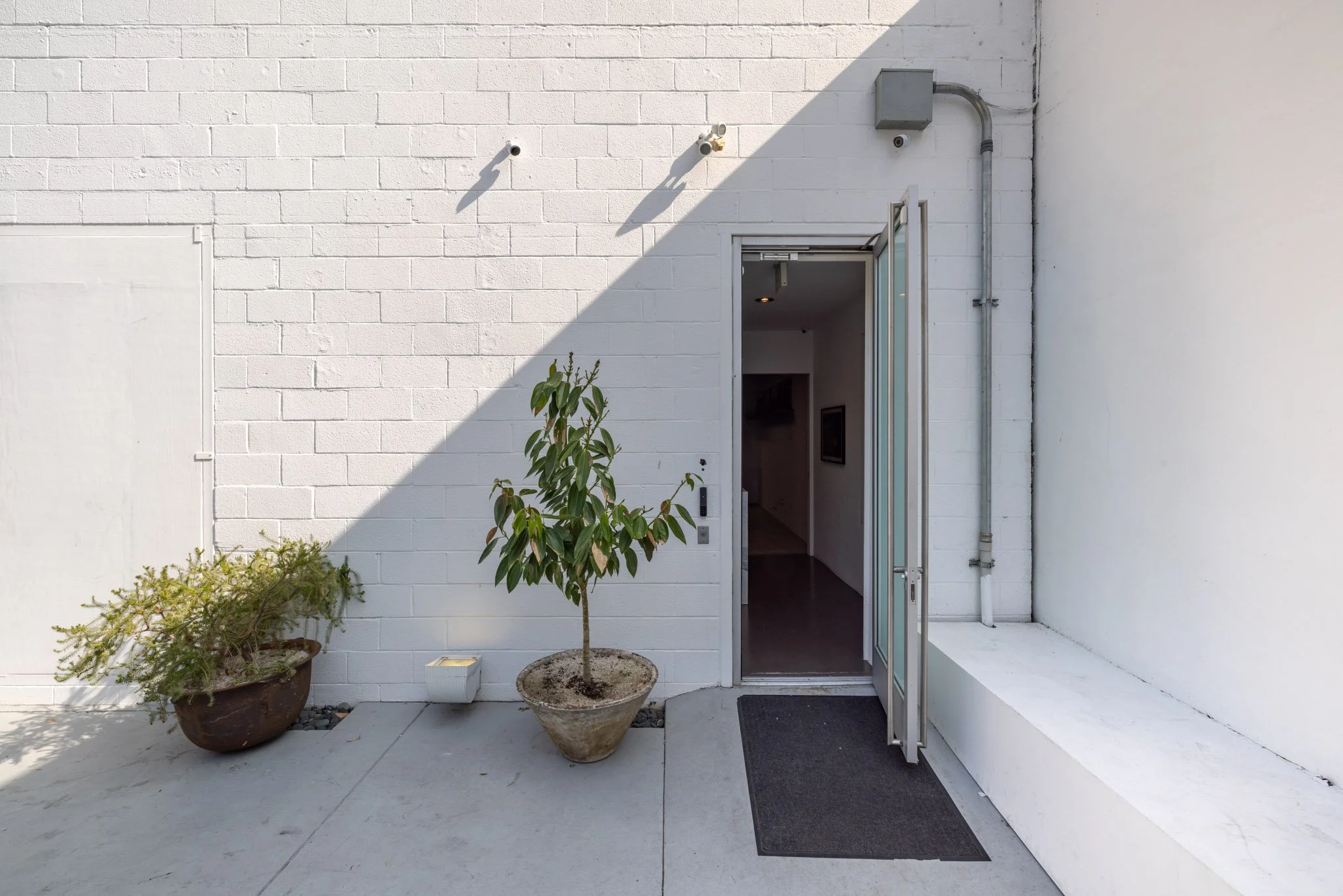 Exterior view of a white brick building entrance with a partially open glass door, two potted plants, and a shaded sidewalk area.