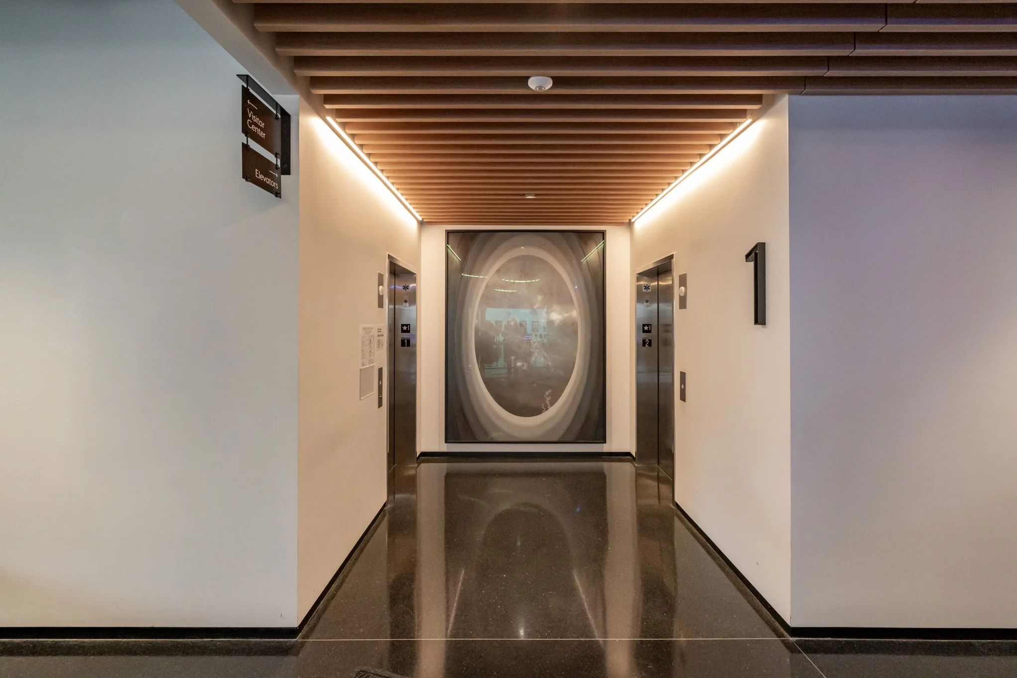 Two elevators in a modern building hallway with a large oval-shaped artwork on the back wall, wooden ceiling panels, and a reflective black floor.