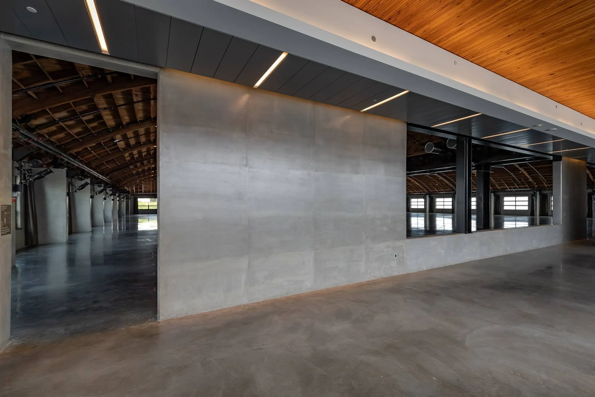 Interior view of a modern, minimalistic building with a concrete wall, wooden ceiling, and large windows letting in natural light.