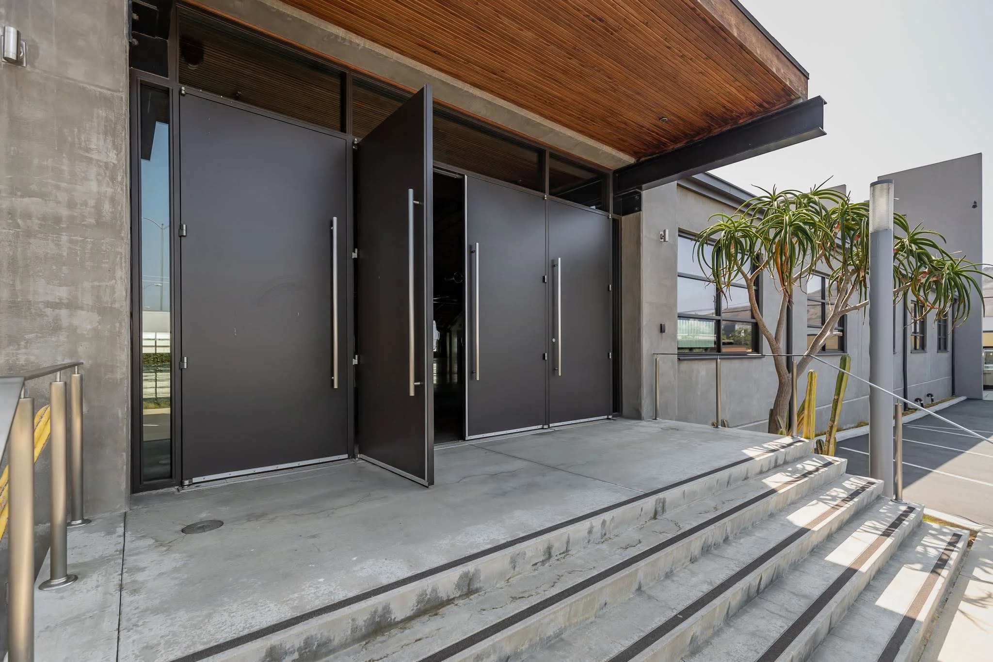 Modern building entrance with black metal doors, concrete steps, metal handrails, and a small tree on the right side.