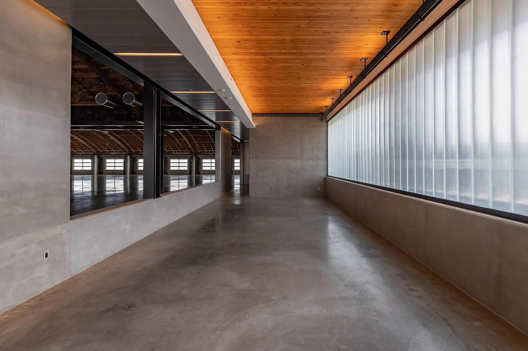Empty indoor space with concrete walls and floors, large window with frosted glass, and wooden ceiling with track lighting.
