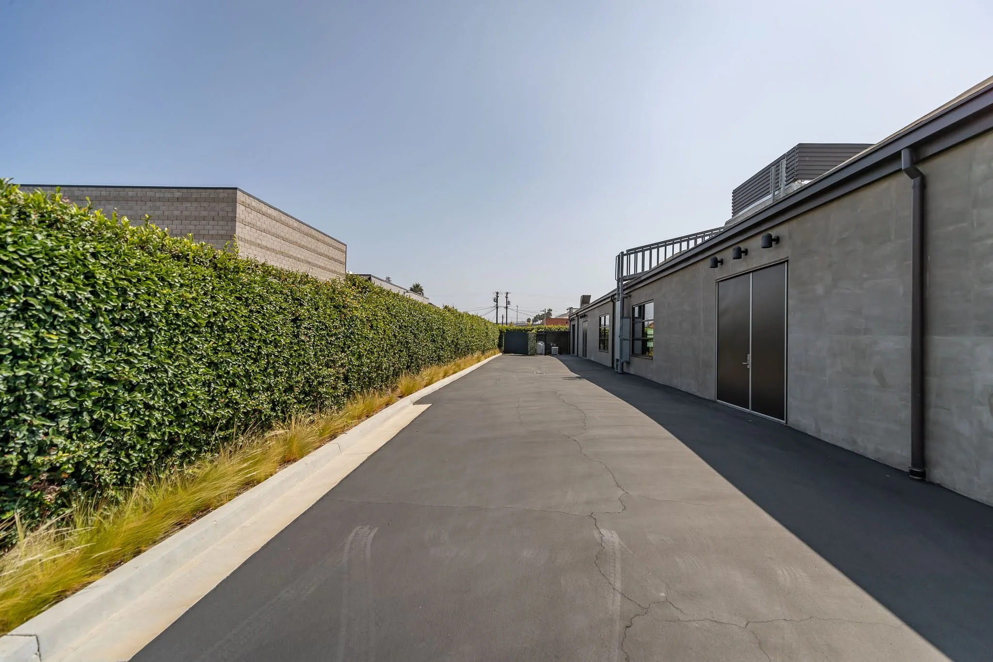 Empty alleyway between a tall green hedge on the left and a gray building on the right, with a clear sky overhead.
