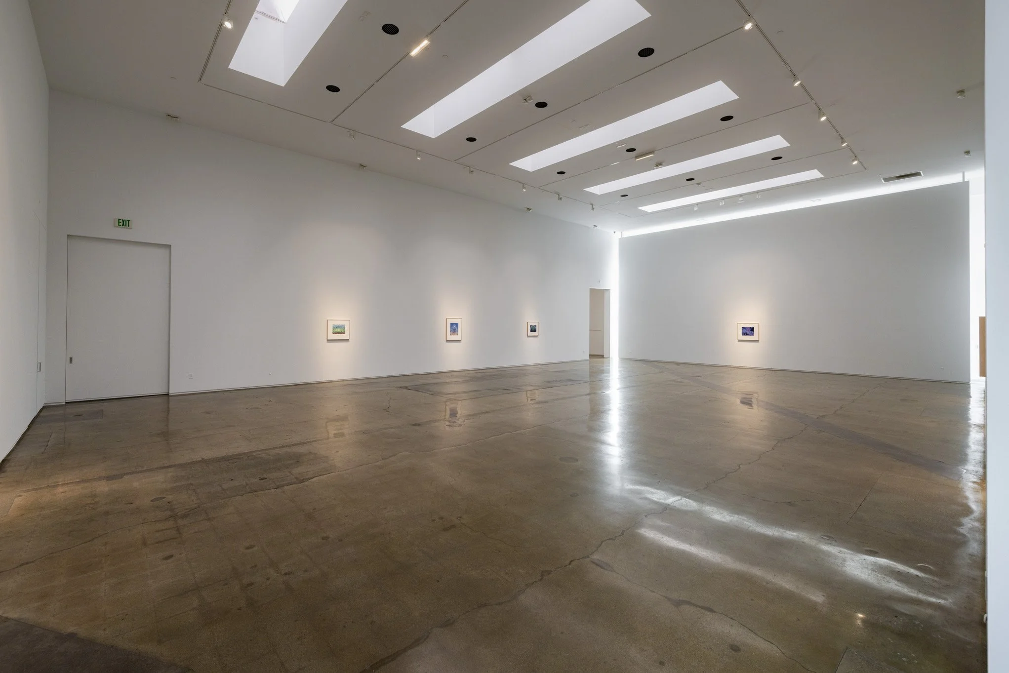 An empty art gallery with white walls, polished concrete floors, and a ceiling with skylights and track lighting. Several small framed artworks are displayed on the walls.