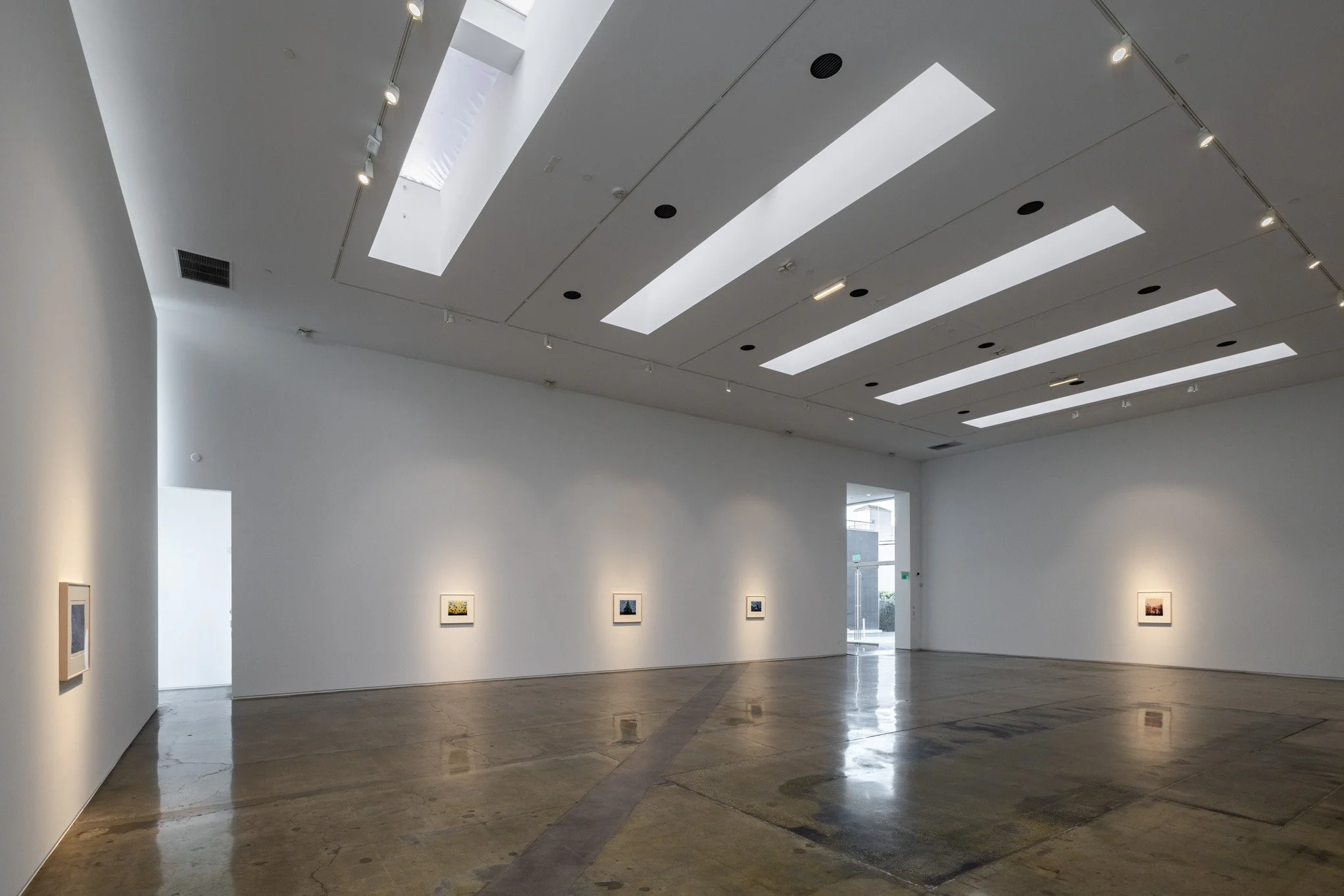 Empty art gallery with white walls, framed artworks, polished concrete floor, and large skylights in the ceiling.