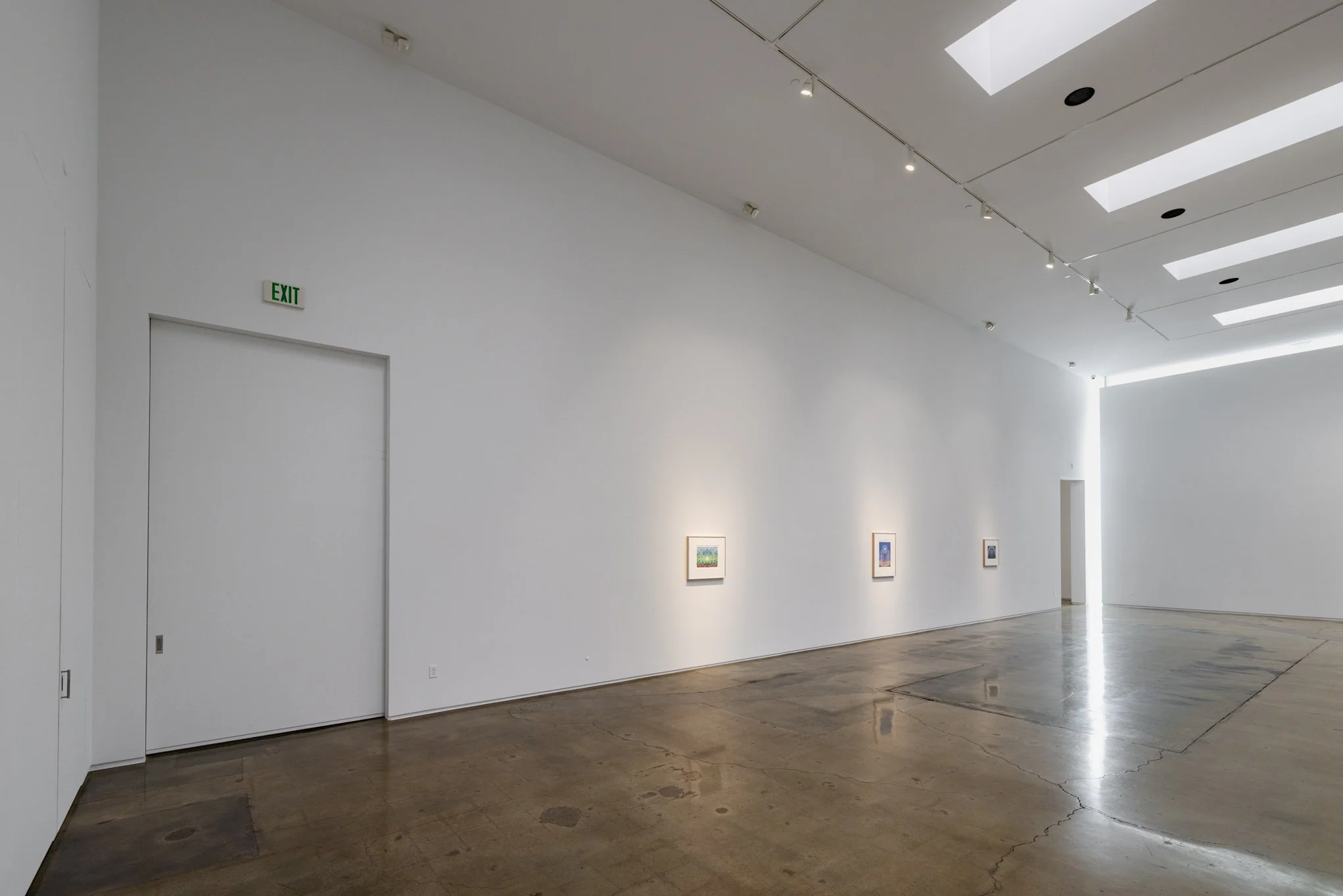 Empty art gallery with white walls and three small framed artworks lit by track lighting, wooden floor, and skylights in the ceiling.