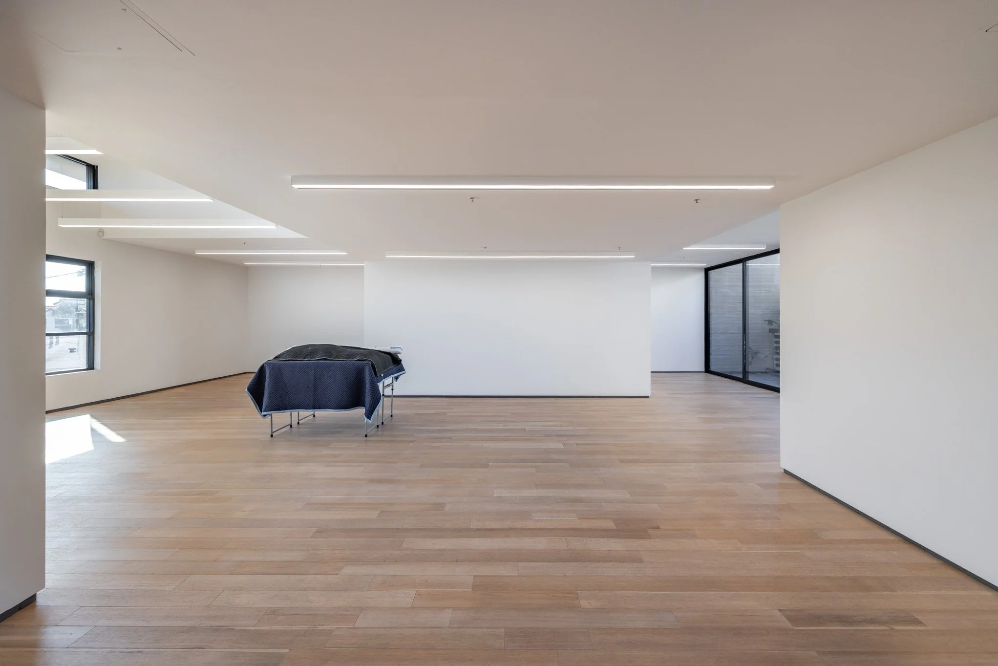 Empty modern room with wooden flooring, white walls, large windows, and a covered table in the center.