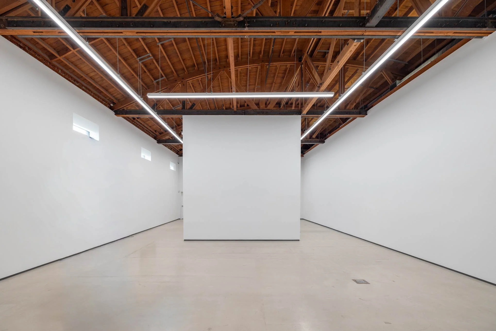 Empty art gallery with white walls, wood ceiling, and fluorescent lighting.
