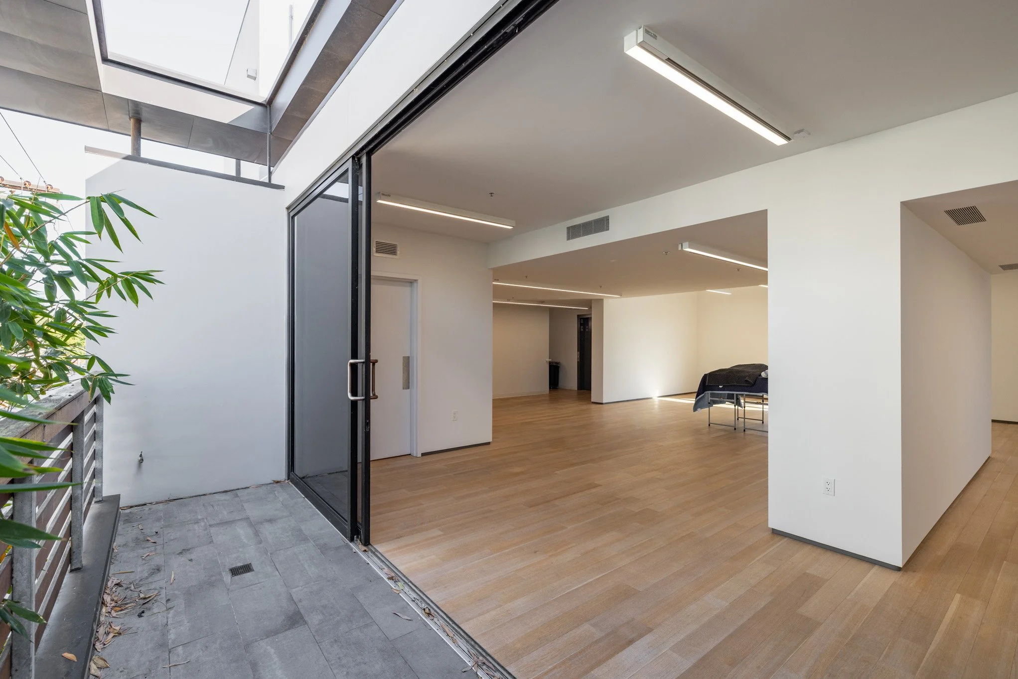 Empty modern apartment with wooden floors, white walls, and large glass sliding doors leading to a small balcony with plants.