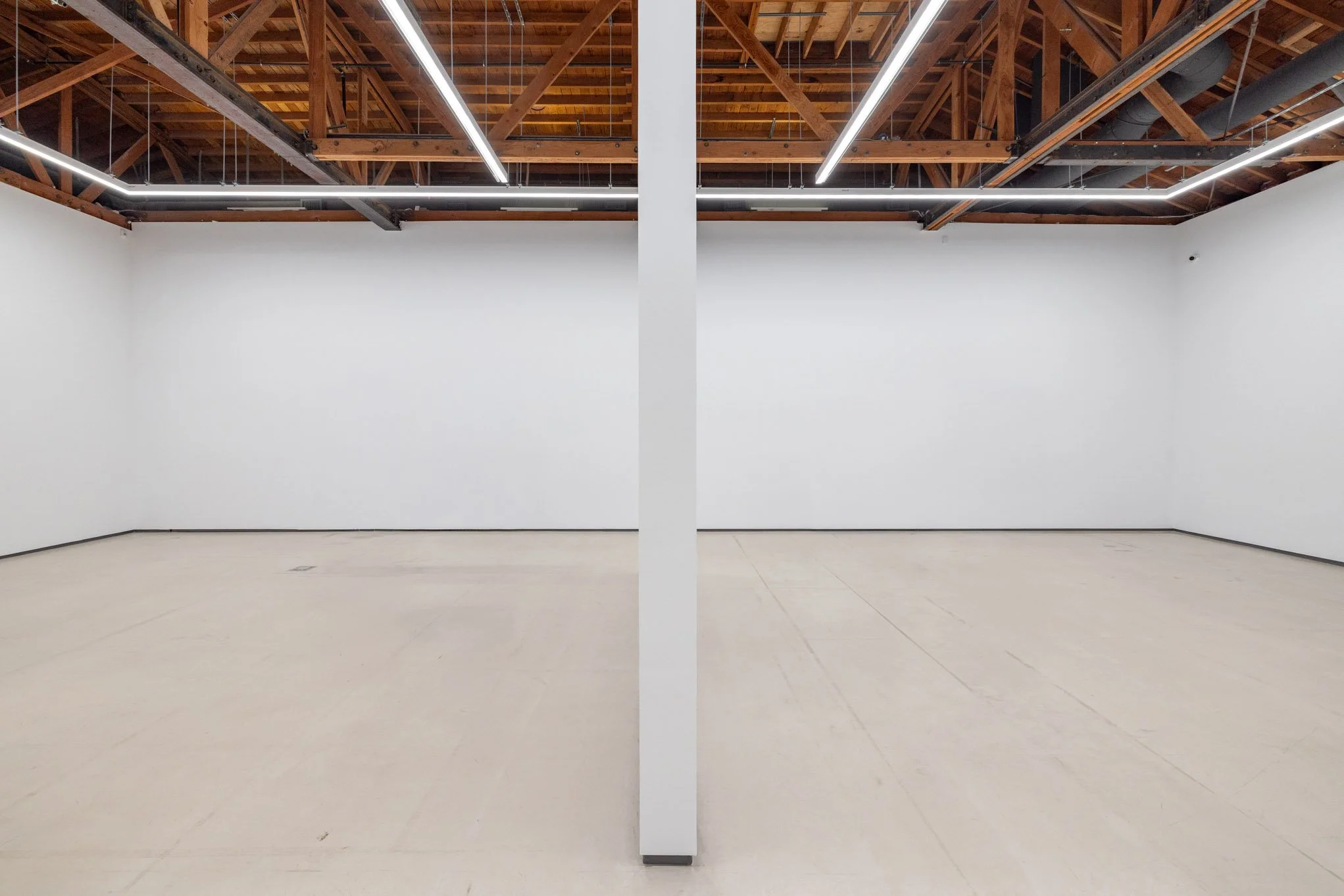 Empty art gallery with white walls, wooden ceiling, and bright linear lighting.
