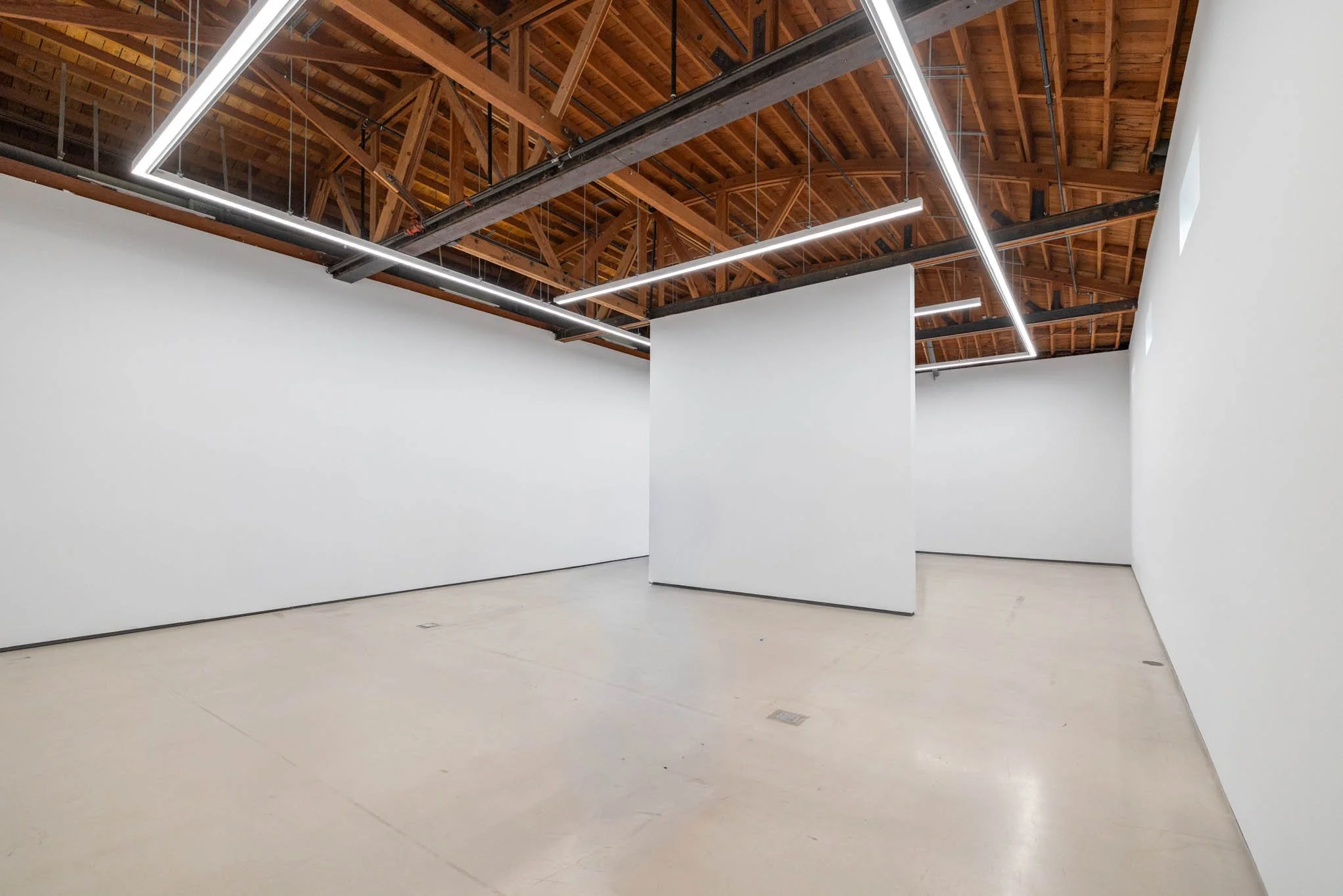 Empty art gallery with white walls, wooden ceiling, and modern linear lighting.