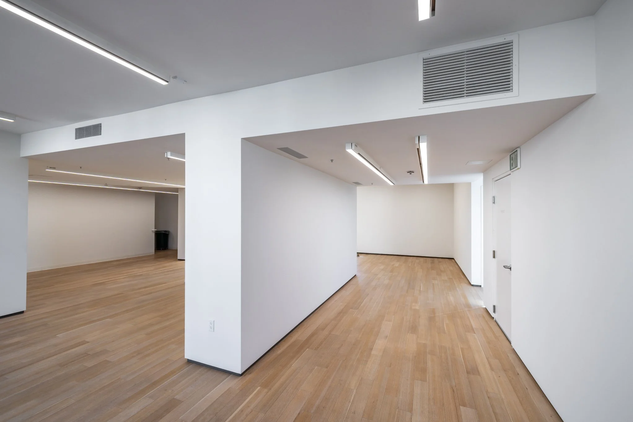 Empty interior space with white walls, wooden flooring, and ceiling lighting fixtures.