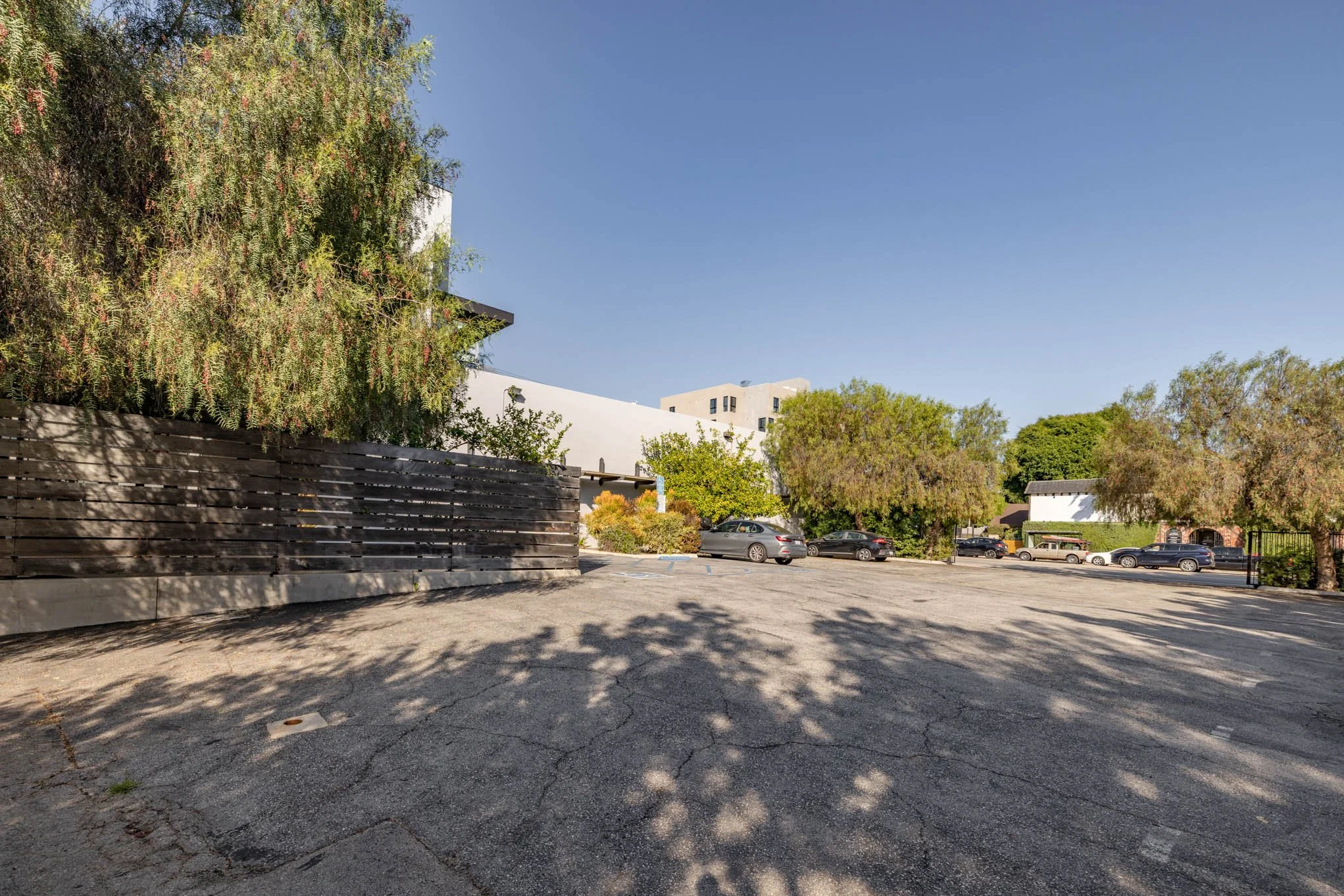 Empty parking lot with a few parked cars and trees casting shadows on the cracked asphalt. Building and bushes in the background under a clear blue sky.