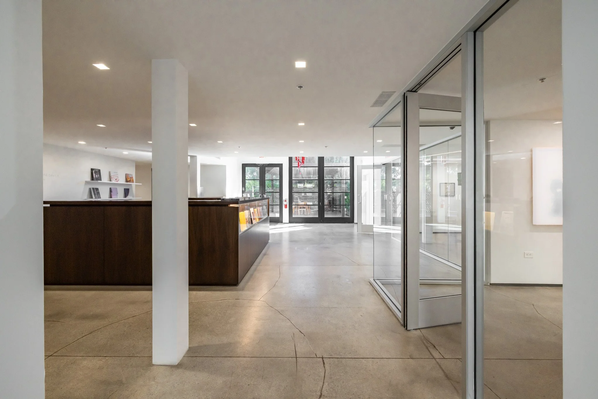 Empty lobby with a reception desk, a glass entrance door, and windows, with a modern minimalist design.