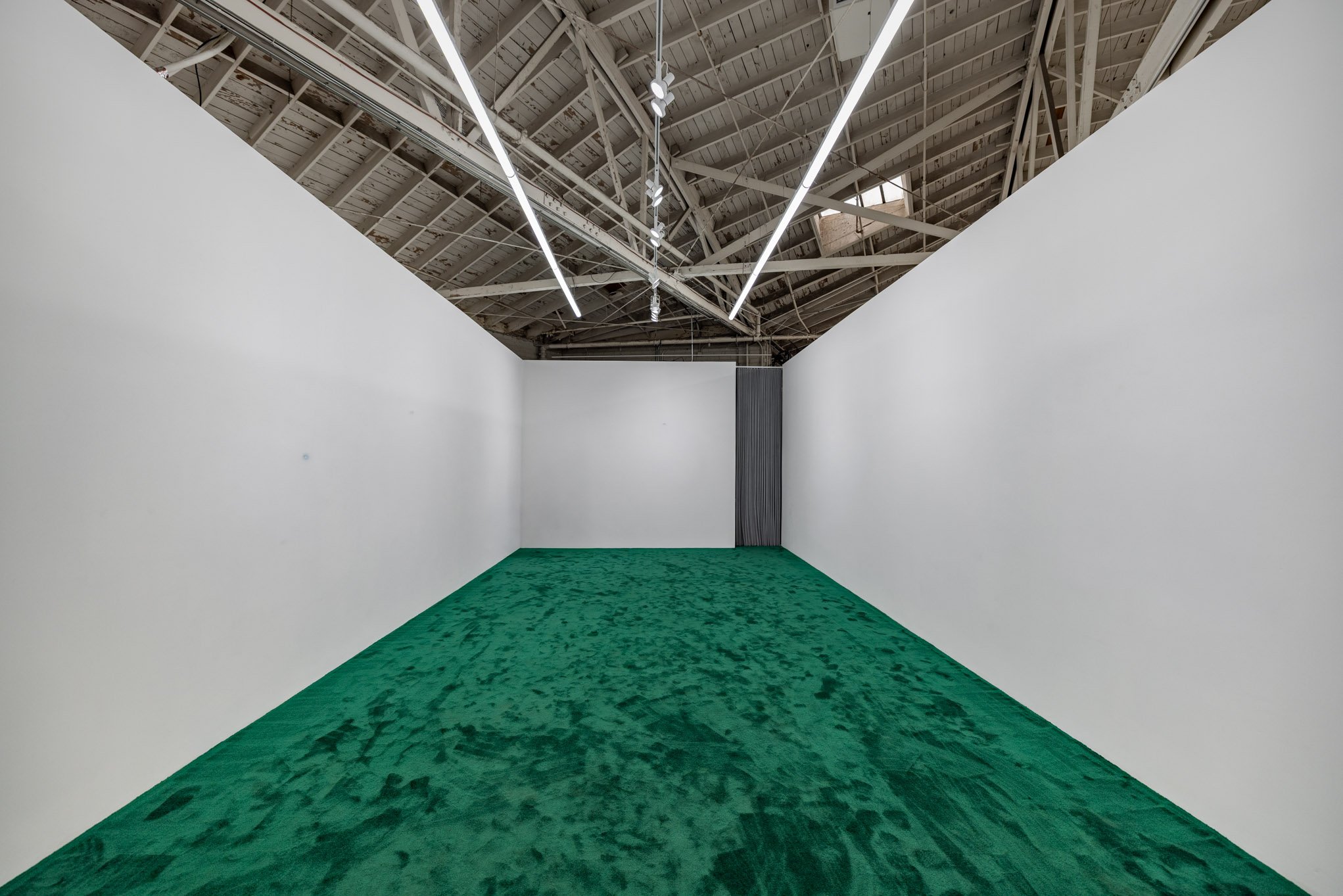 Empty art gallery with white walls, green textured carpet, and ceiling with exposed beams and fluorescent lighting.