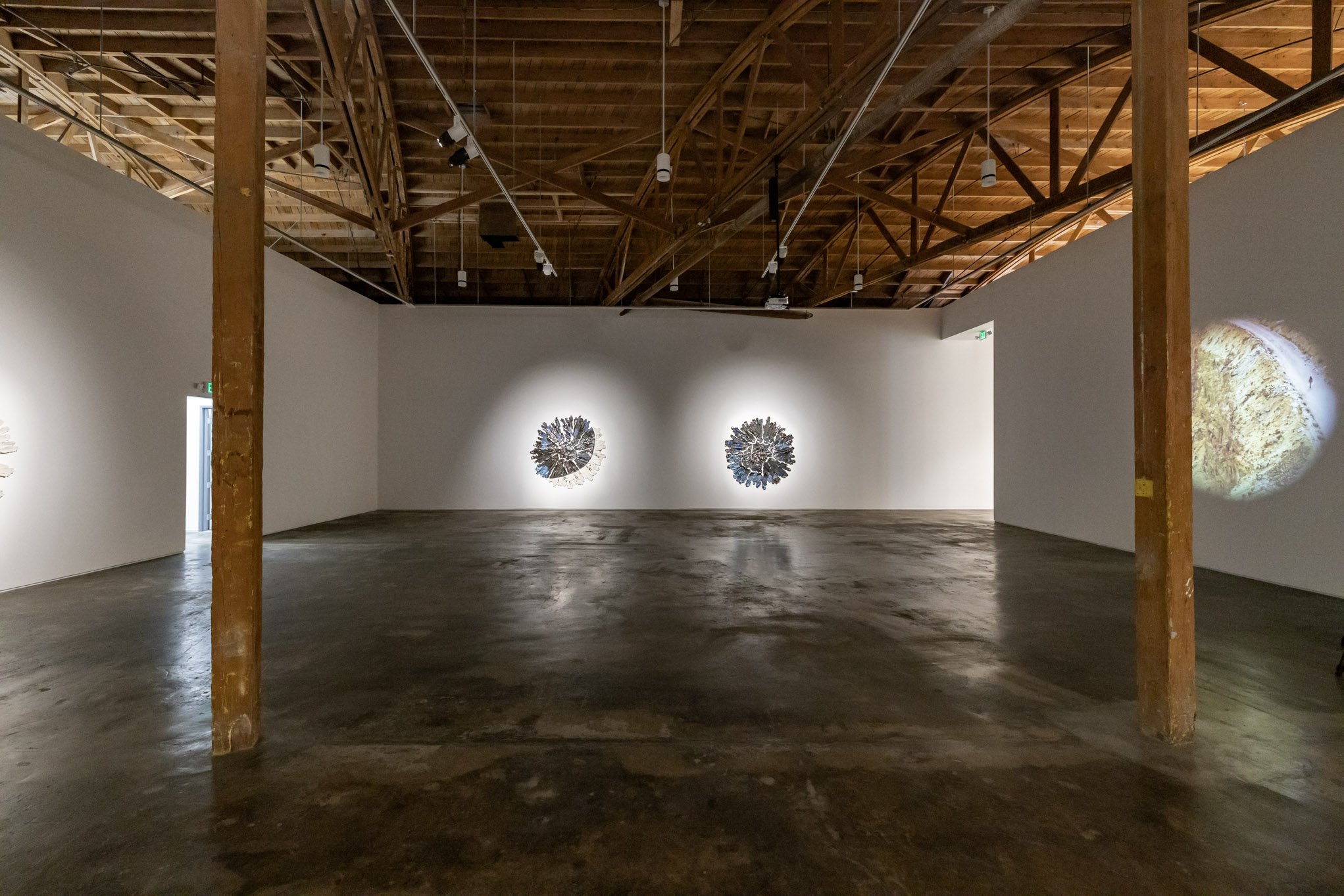 Empty art gallery with white walls, wooden ceiling, artwork illuminated on the walls, and a polished concrete floor.