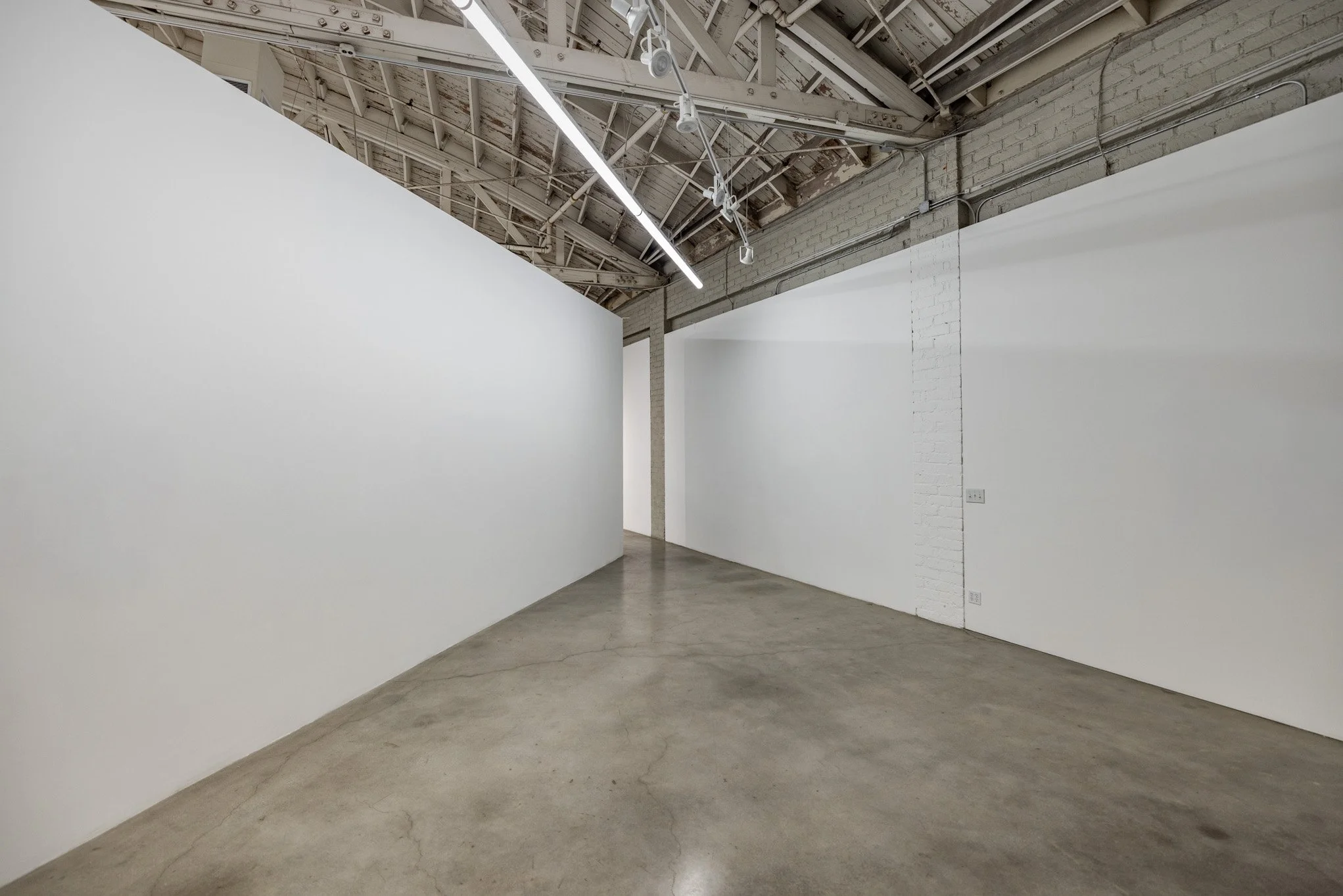Empty white-walled gallery space with concrete floor and exposed ceiling beams, with a long fluorescent light fixture at the ceiling.