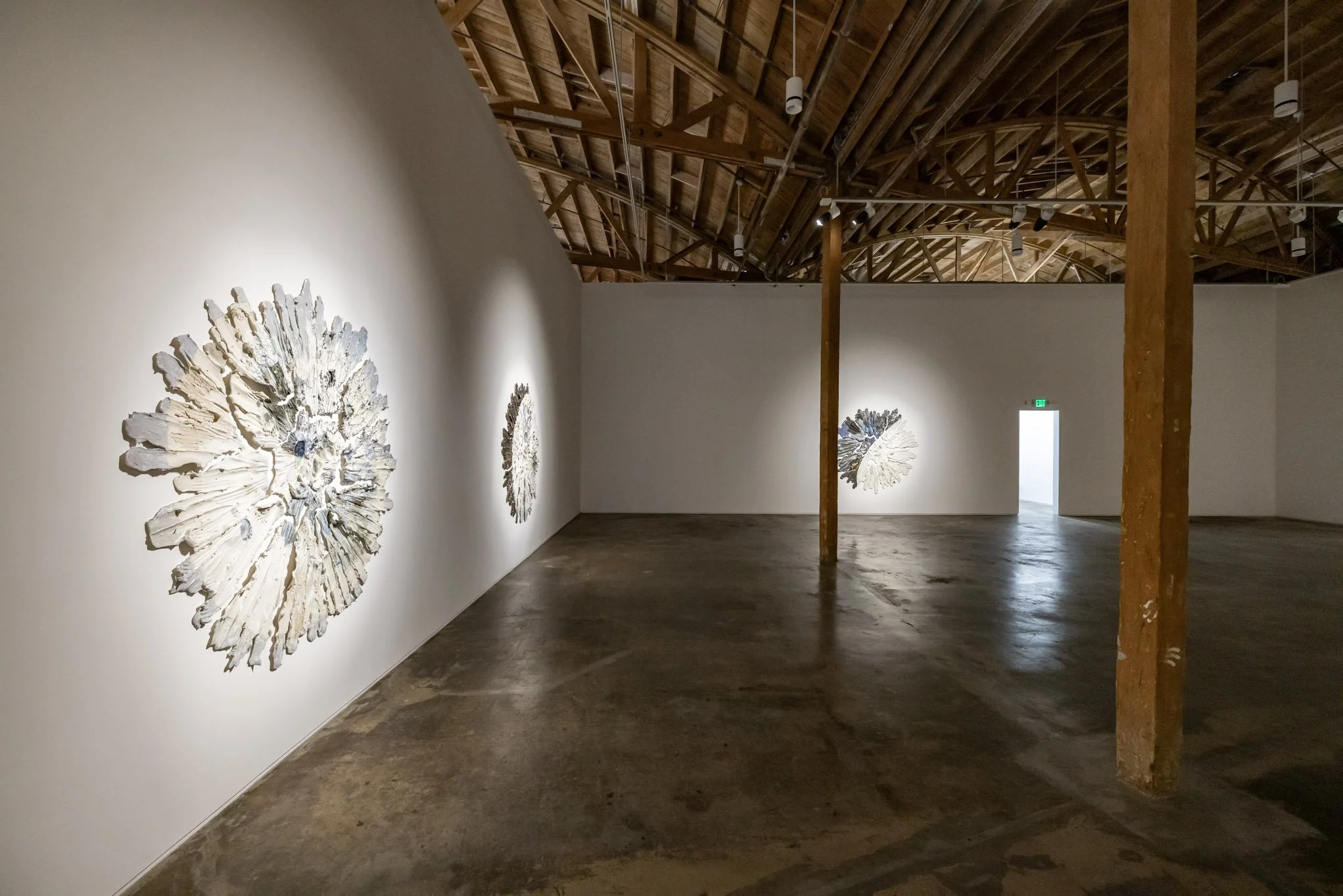 Art gallery with white walls, wooden ceiling, and three large textured circular sculptures on the wall, illuminated with spotlights, and a doorway with bright light in the background.