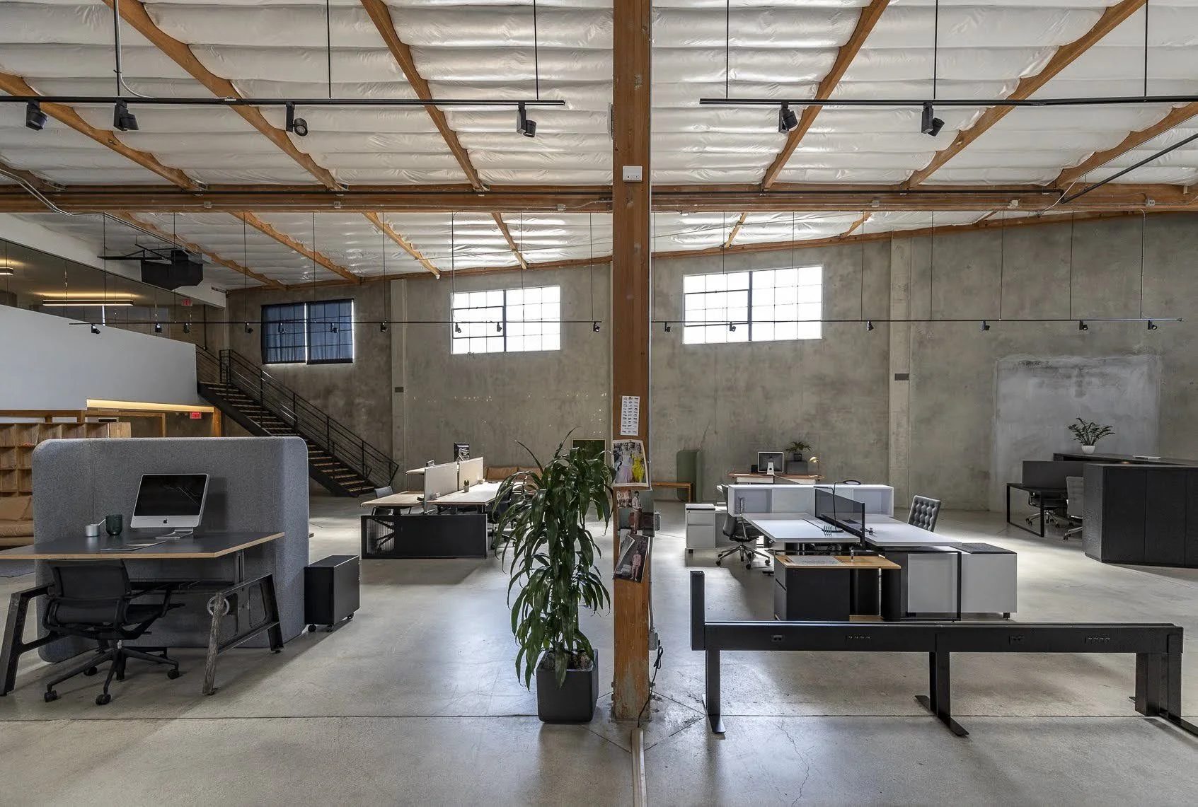Open-plan modern office with multiple workstations, computers, plants, and a staircase in the background, illuminated by large windows.