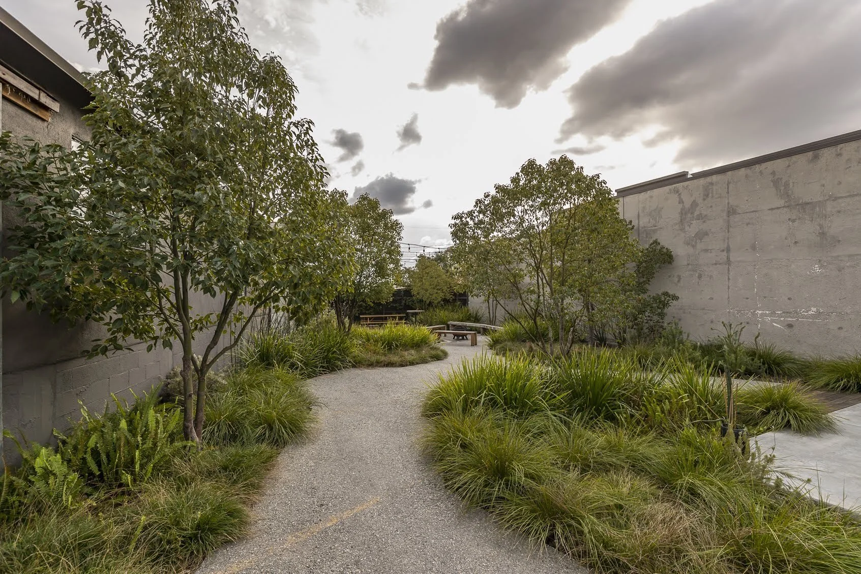 A gravel pathway winding through a small urban garden with green trees and grasses, enclosed by concrete walls on both sides, under a cloudy sky.