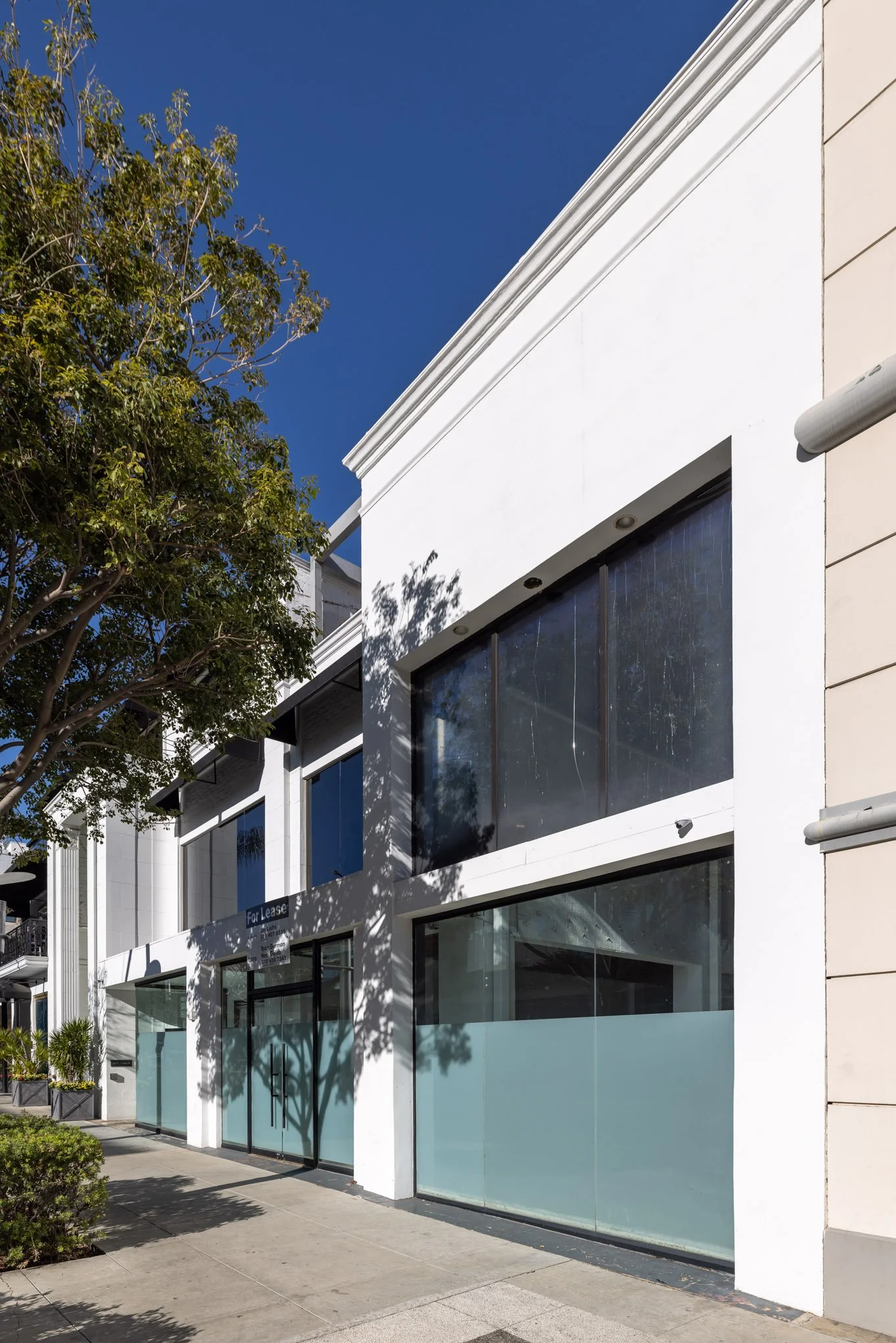 Empty commercial storefront with large glass windows and a 