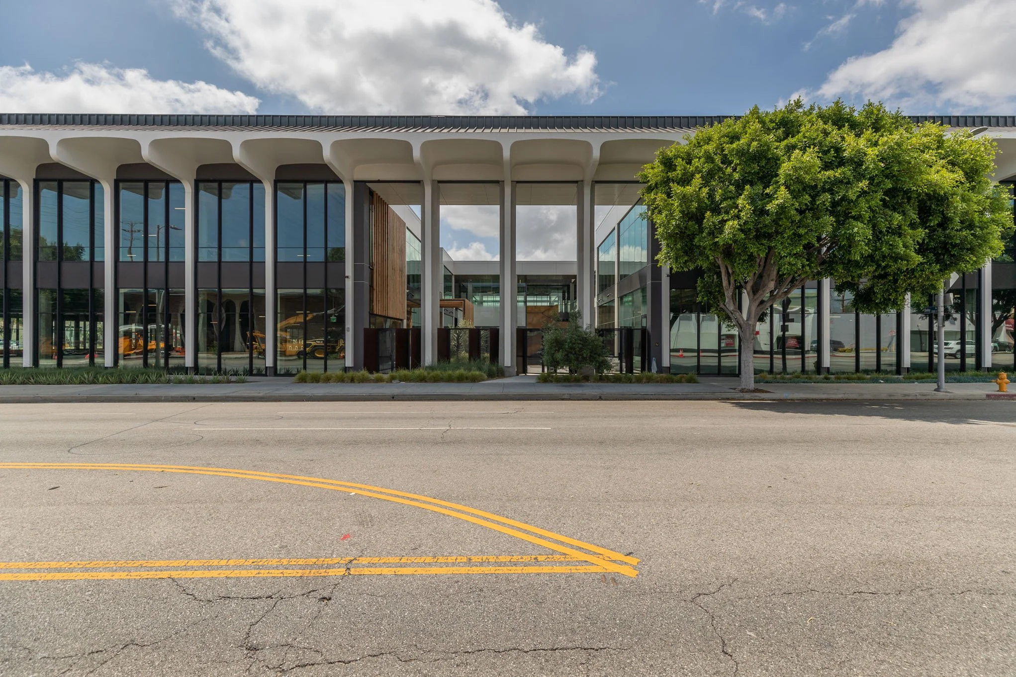 Modern building with large glass windows, white vertical supports, and a green tree in front, under a partly cloudy sky.