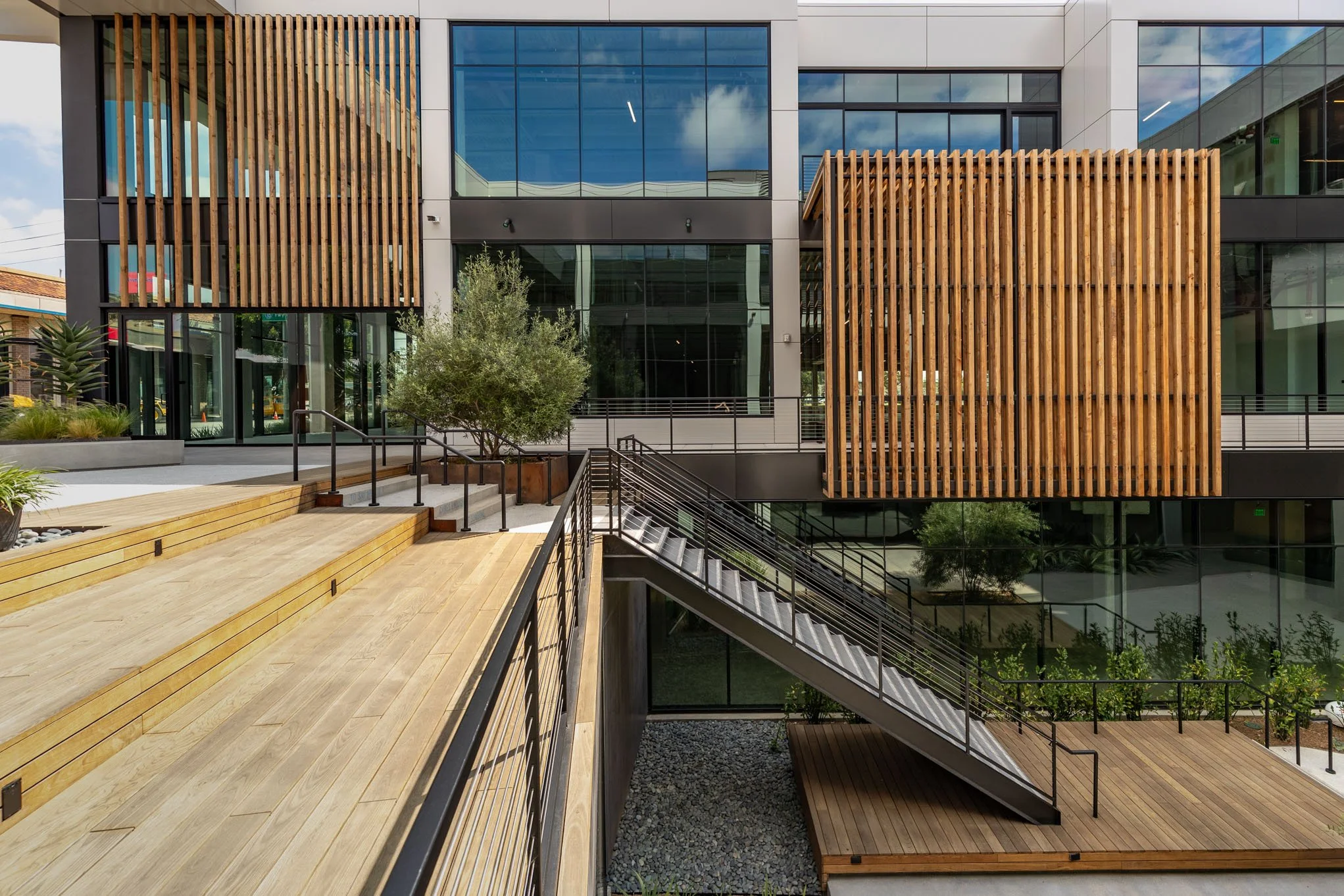 Modern building with large glass windows and wooden accents, outdoor wooden pathways, stairs, and landscaping with trees and plants.