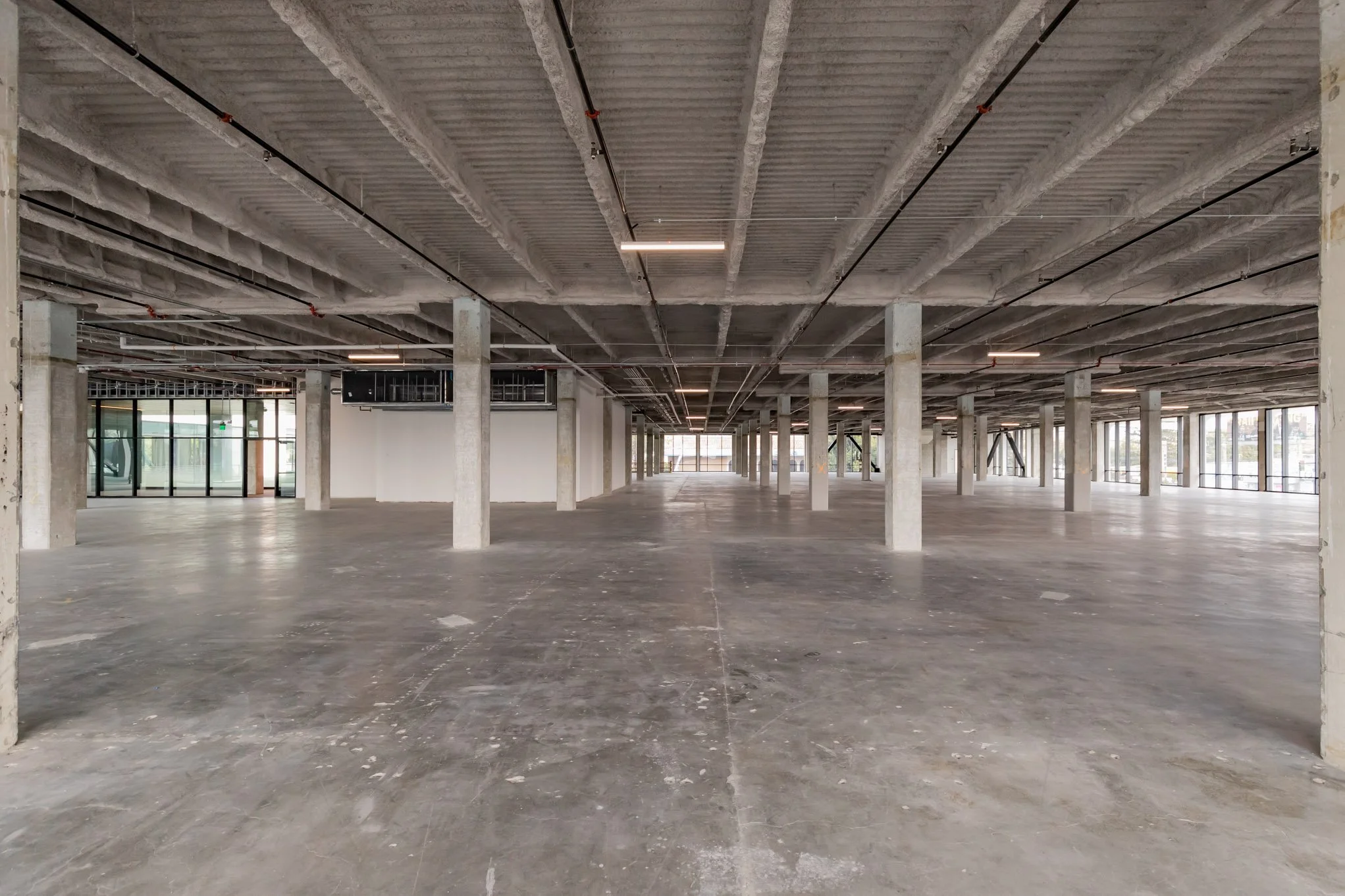 Empty commercial space with concrete floors, columns, and large windows
