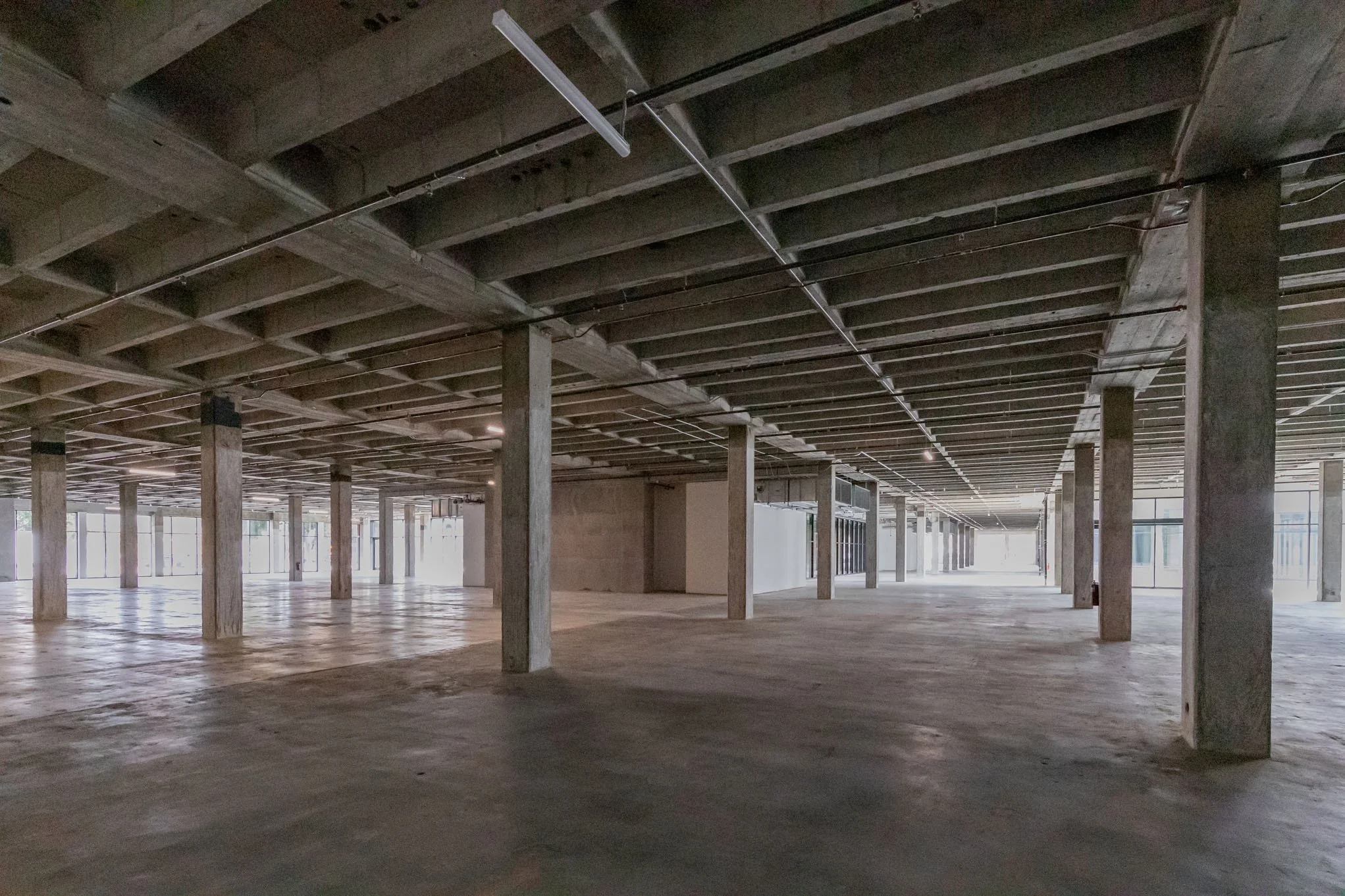 Empty, unfinished commercial space with concrete floors, concrete columns, exposed ceiling beams, and large windows for natural light.