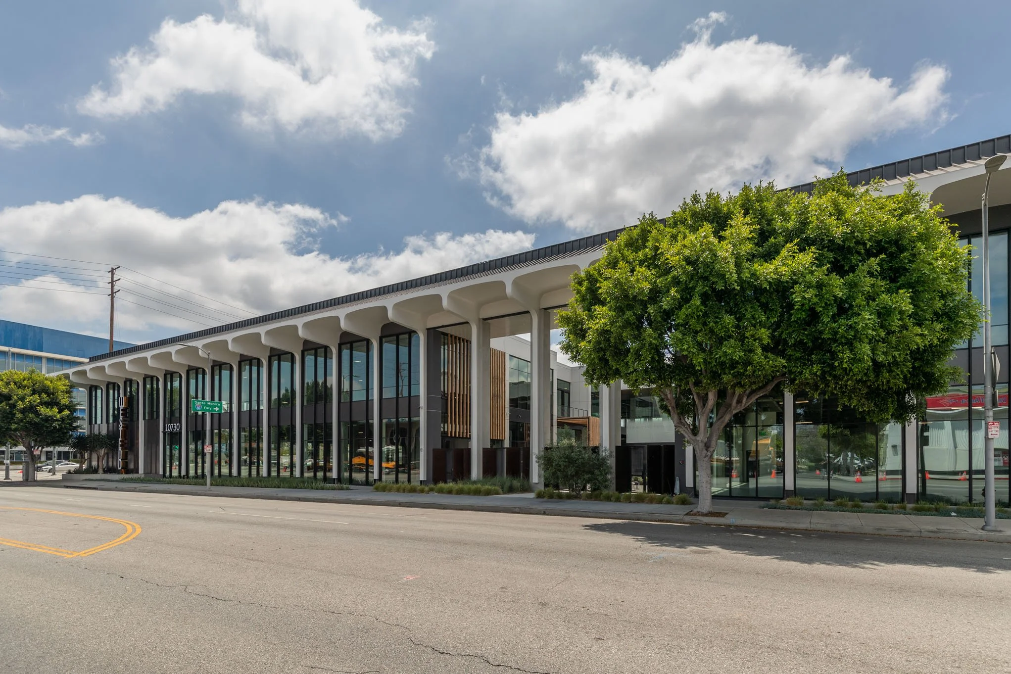 Modern commercial building with large glass windows, white architectural columns, and a landscaped sidewalk with trees and shrubs.