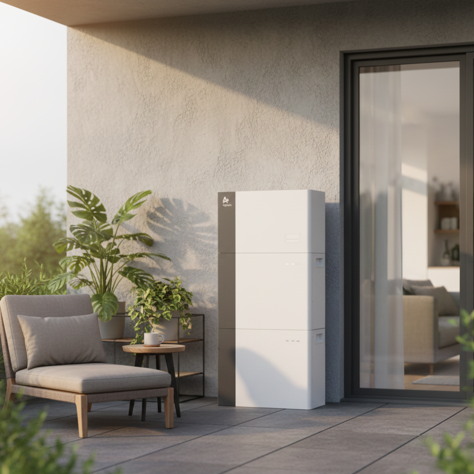 Een modern balkon met een loungebank, een kleine tafel met een kopje, grote groene planten, een witte warmtepomp en een glazen schuifdeur die naar een woonkamer leidt.