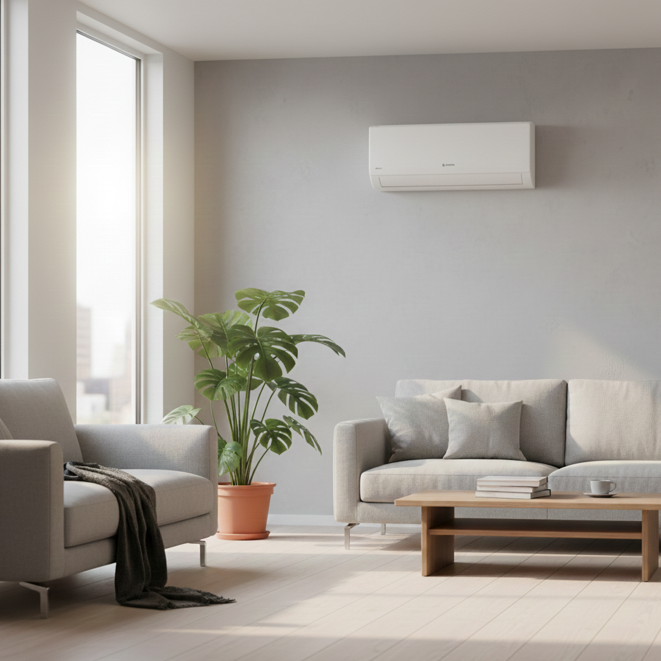 Een modern woonkamer met grote ramen, een lichtgrijze muur, een airconditioner aan de muur, een beige bank met kussens, een houten salontafel met boeken en een witte kop, en een grote groene plant in een terracotta pot.