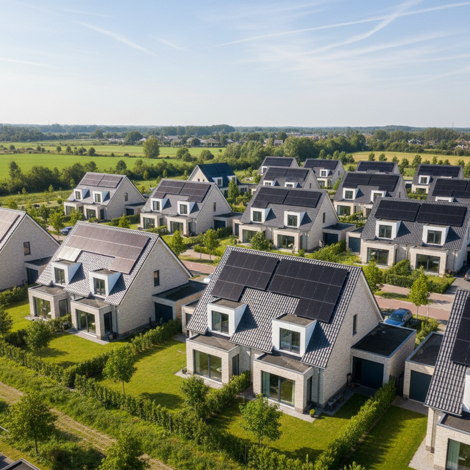 Een wijk met moderne huizen met zonnepanelen op de daken, omgeven door groene tuinen en velden, onder een heldere blauwe hemel.