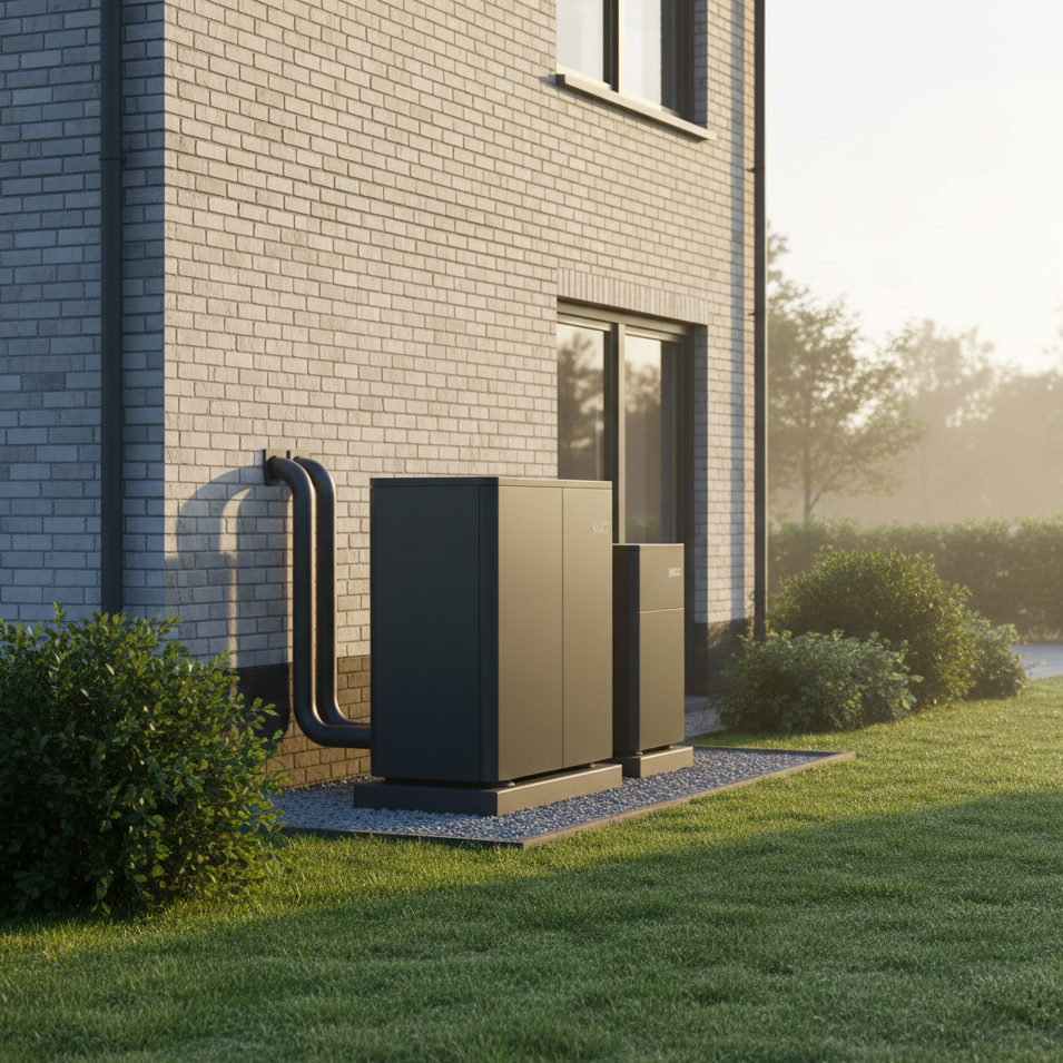 Moderne grijze warmtepomp buiten bij een woning, met een gevel van bakstenen en een raam, omgeven door gras en struiken, onder een zonnige lucht.