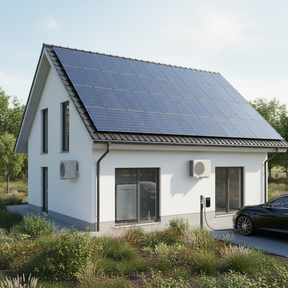 Huis met grote zonnepanelen op het dak en een elektrische auto geparkeerd voor de woning.