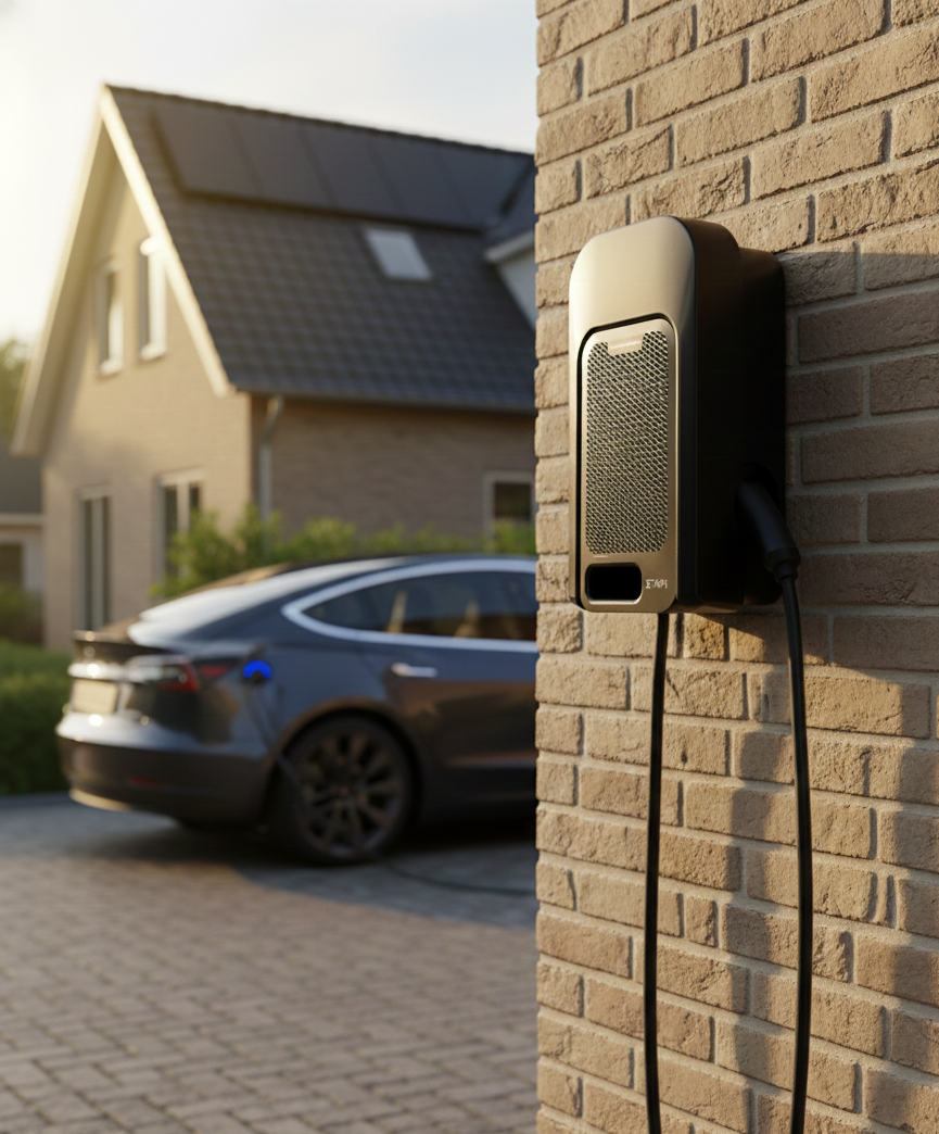 Een elektrische laadpaal voor een auto bevestigd aan een bakstenen muur buiten een huis.