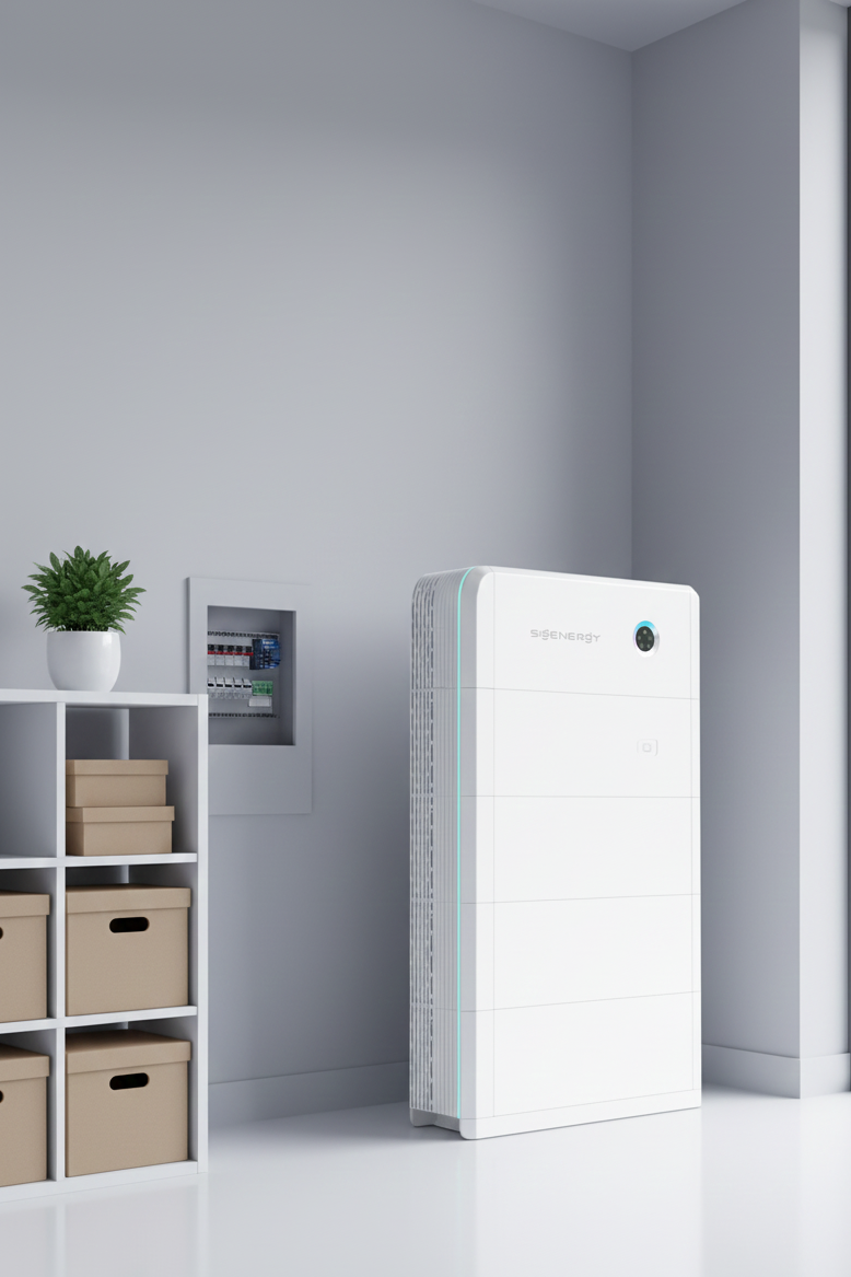 Een moderne kamer met een witte luchtzuiveringsmachine, een witte kast met beige opbergdozen en een groene plant in een pot.