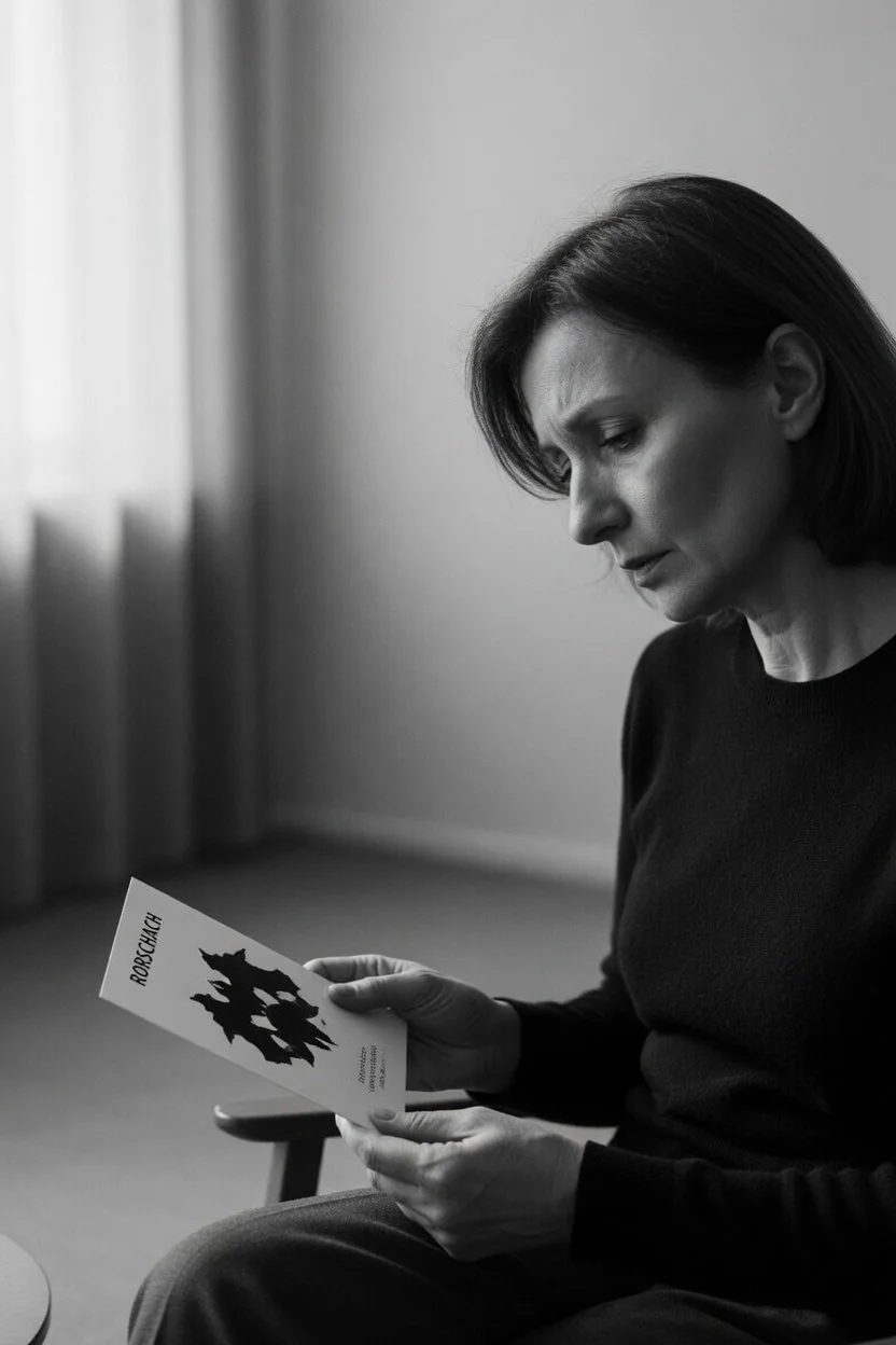 A black-and-white photo of a woman sitting indoors, reading a brochure or booklet with an illustration of wolves on the cover.