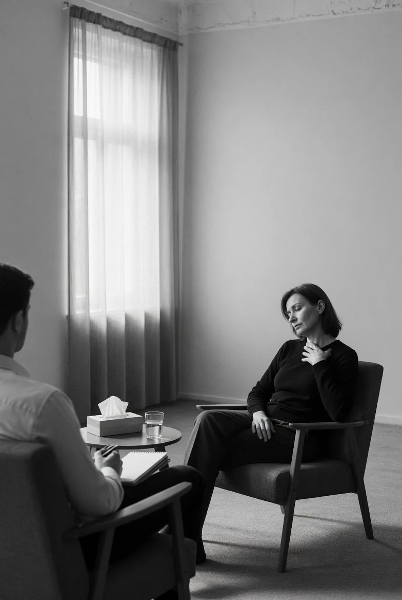 A woman in a black long-sleeve top and pants sitting in a chair during a therapy or counseling session with a therapist taking notes. A small table beside her holds a glass of water and a box of tissues, with a window and curtains in the background.